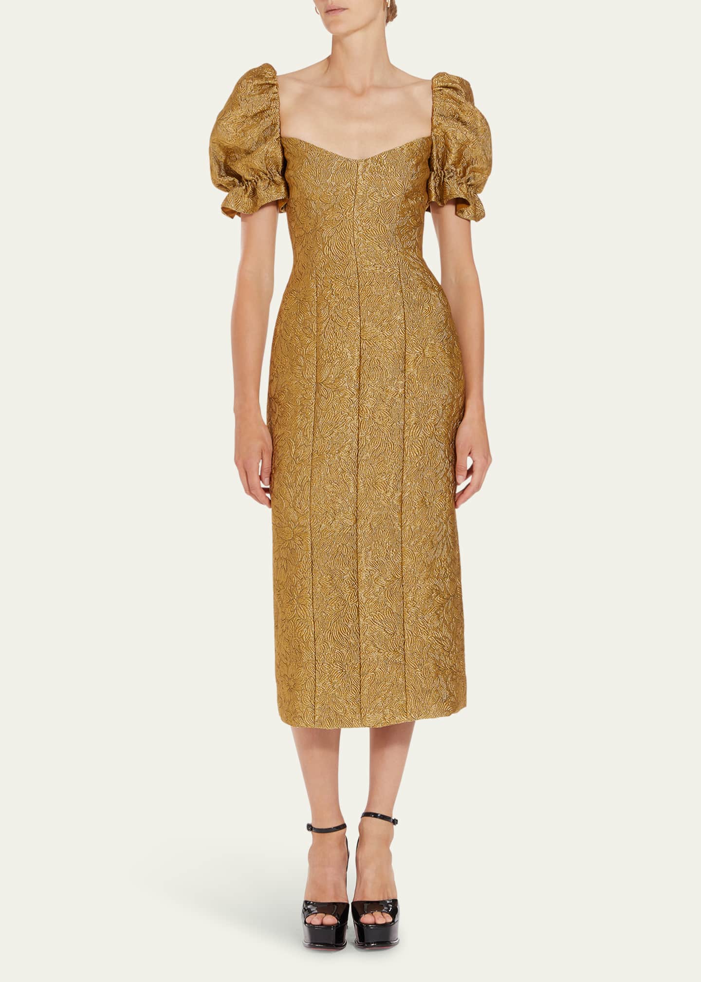 Markarian Farrah Brocade Puff-Sleeve Column Midi Dress Image 2 of 4