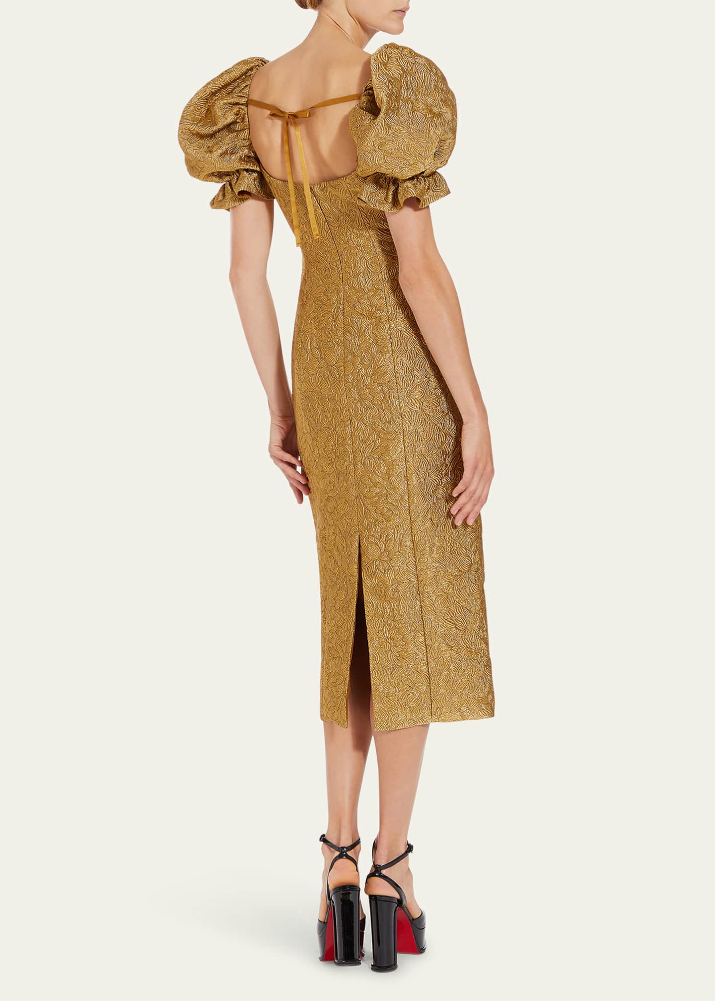 Markarian Farrah Brocade Puff-Sleeve Column Midi Dress Image 3 of 4