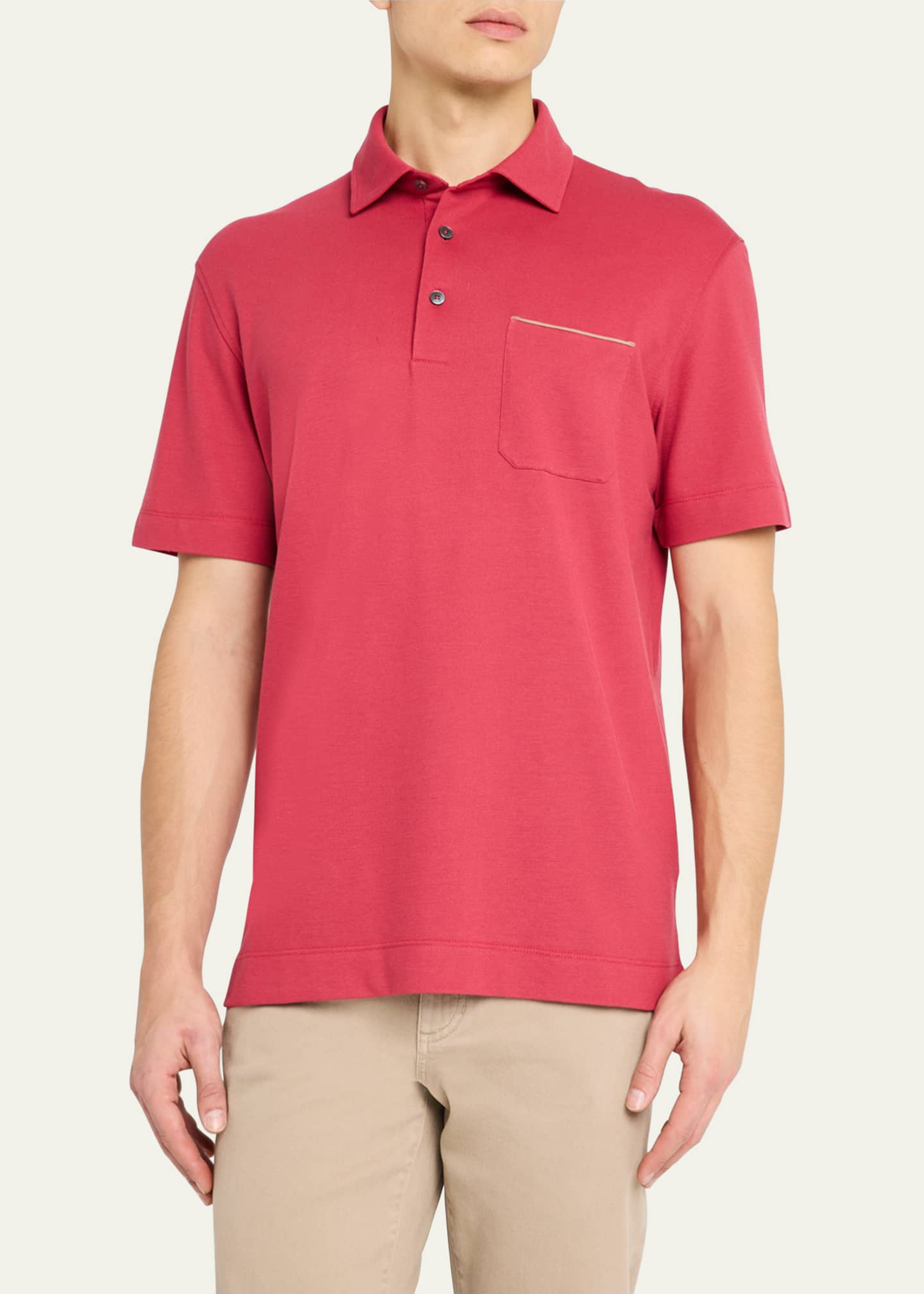 ZEGNA Men's Pique Polo Shirt with Leather-Trim Pocket Image 4 of 5