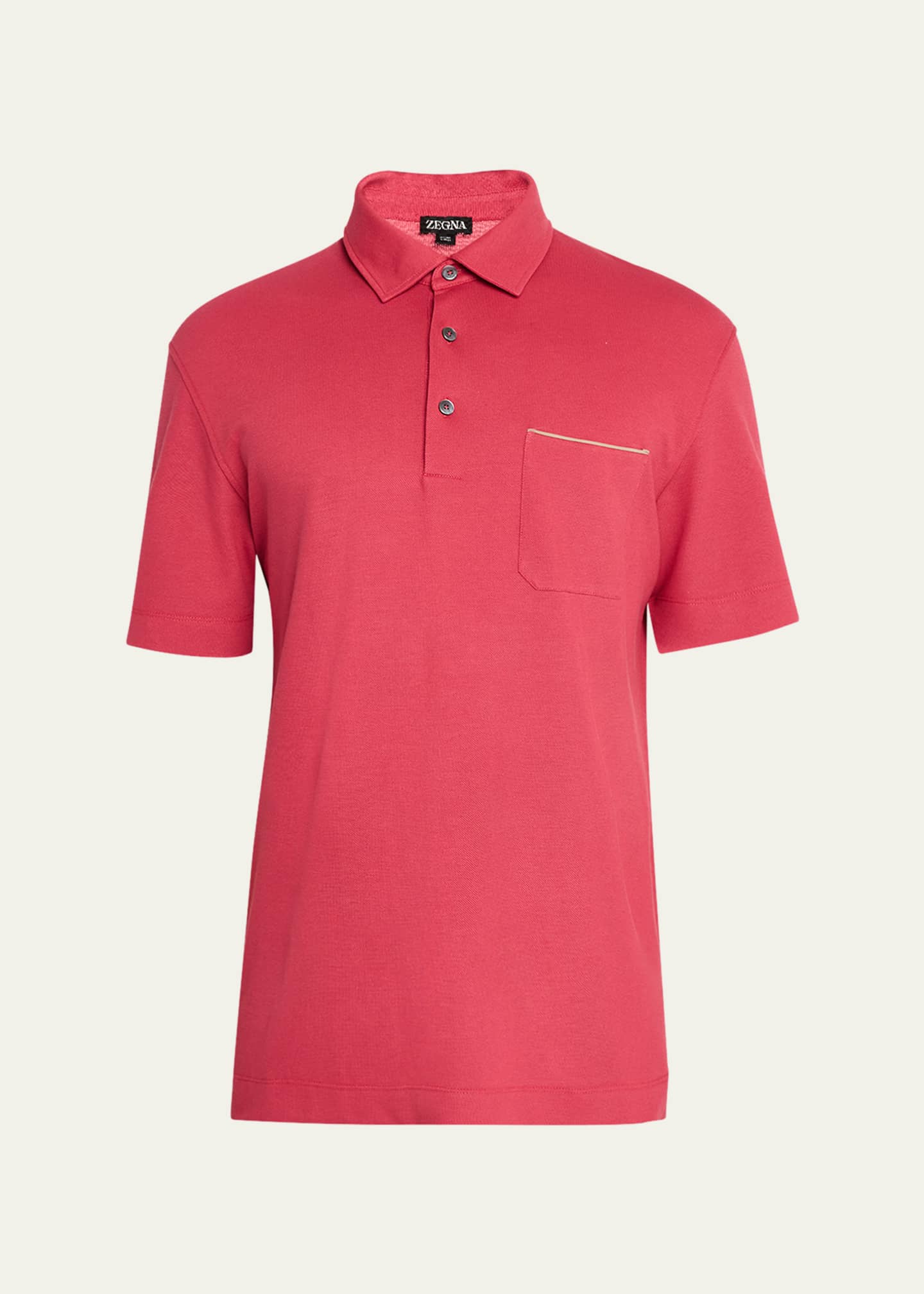 ZEGNA Men's Pique Polo Shirt with Leather-Trim Pocket Image 1 of 5