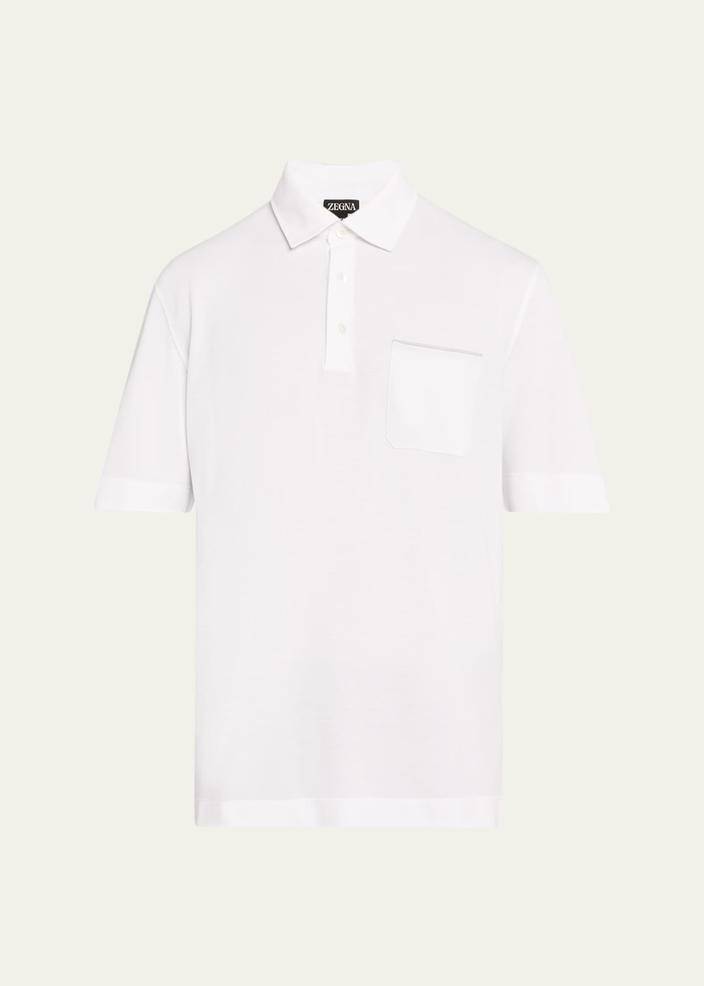 ZEGNA Men's Pique Polo Shirt with Leather-Trim Pocket Image 1 of 5