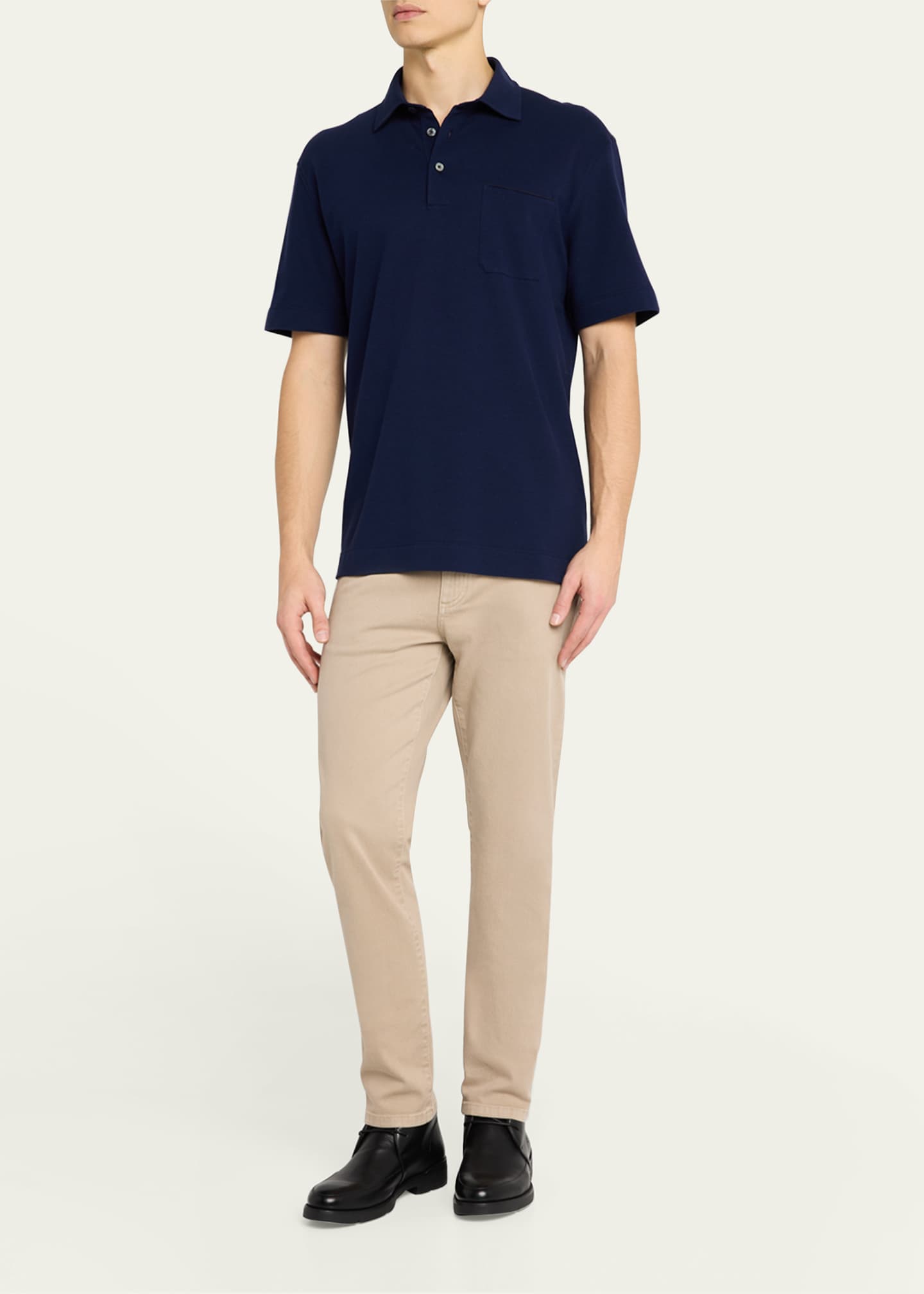 ZEGNA Men's Pique Polo Shirt with Leather-Trim Pocket Image 2 of 5