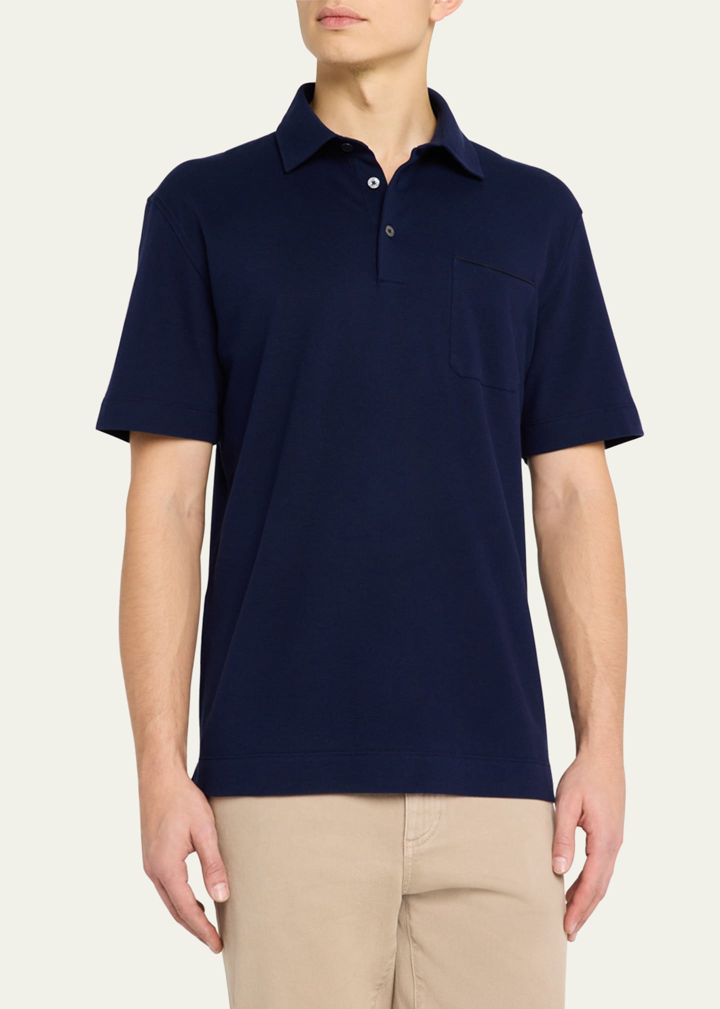 ZEGNA Men's Pique Polo Shirt with Leather-Trim Pocket Image 4 of 5