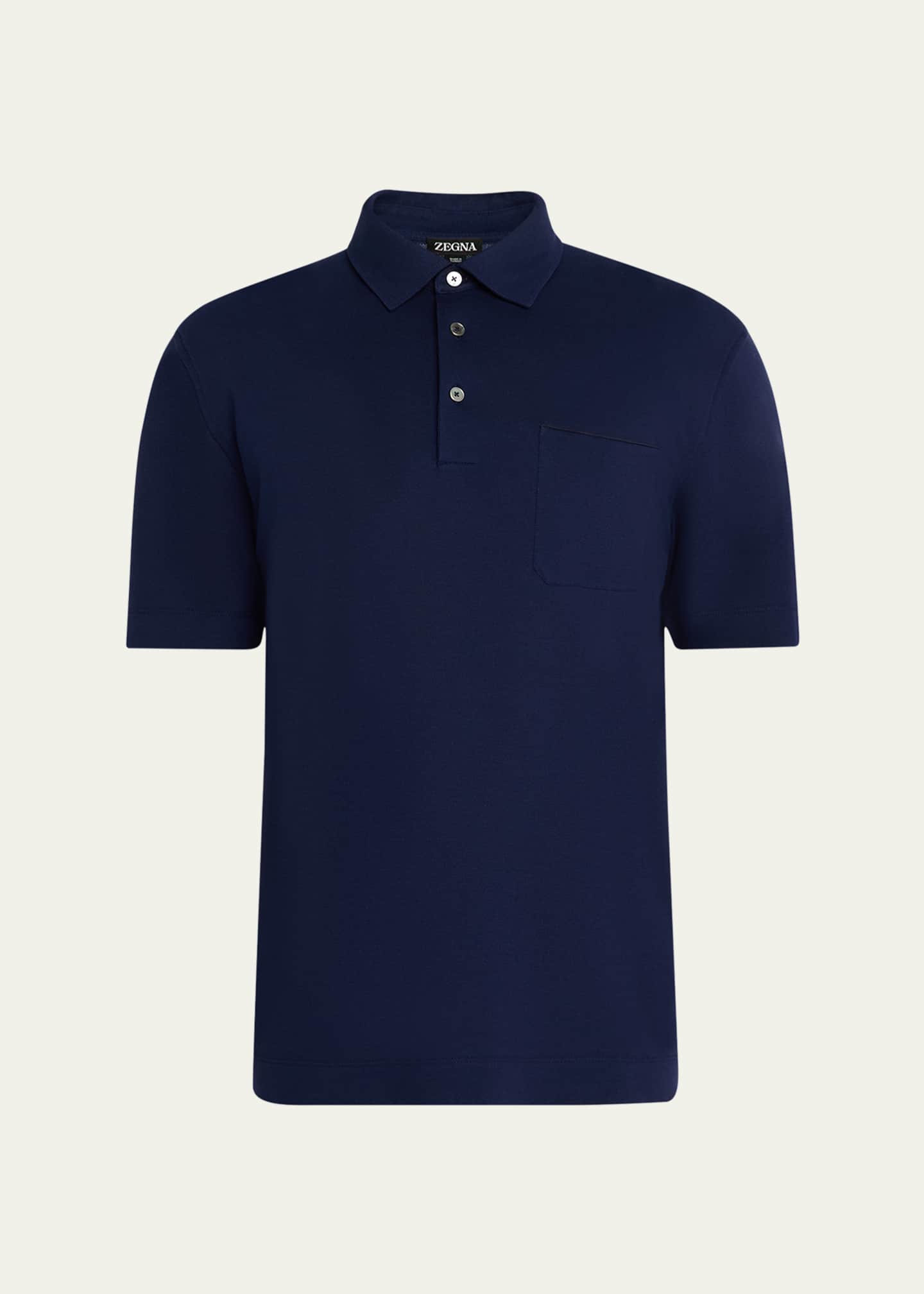 ZEGNA Men's Pique Polo Shirt with Leather-Trim Pocket Image 1 of 5