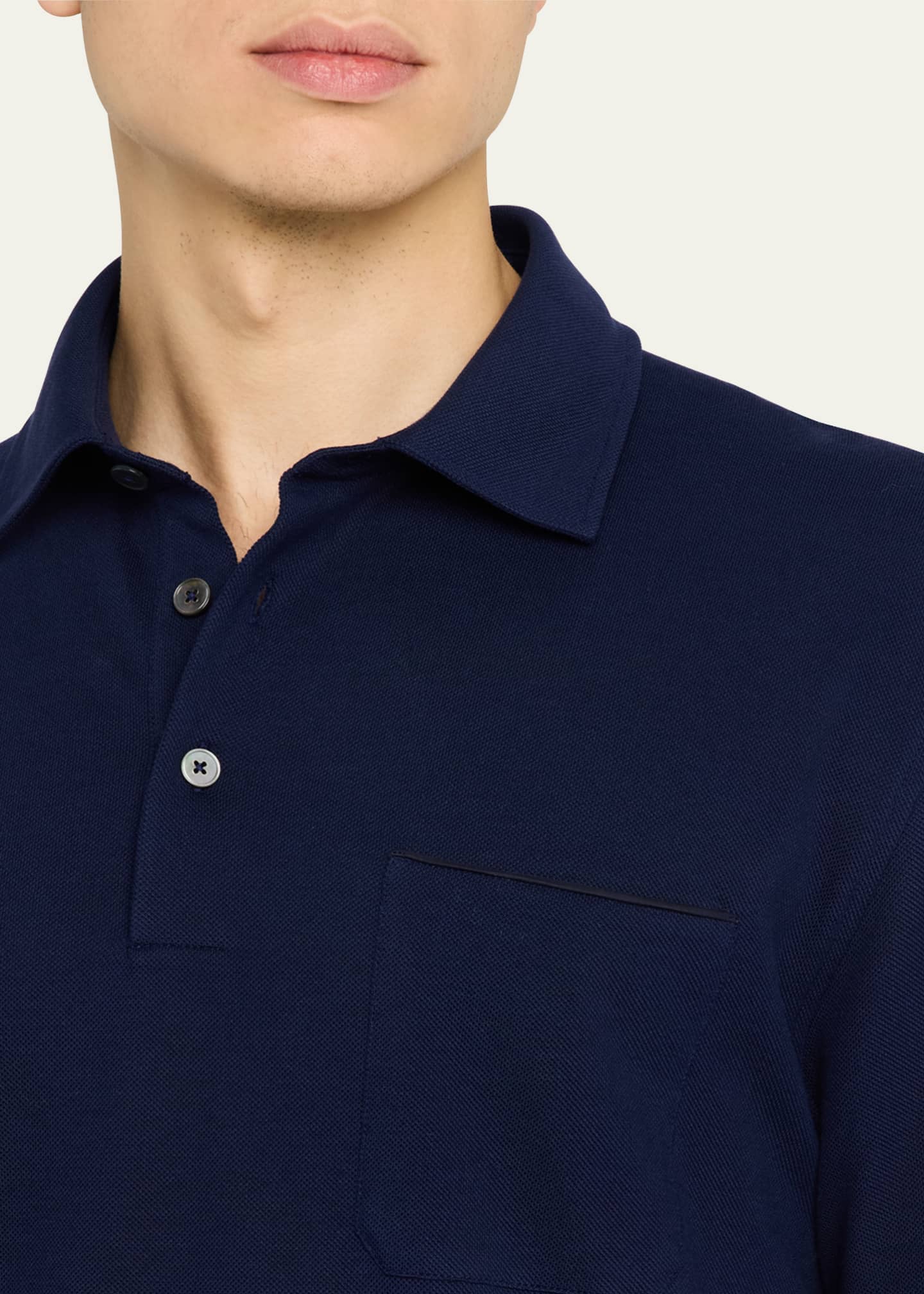 ZEGNA Men's Pique Polo Shirt with Leather-Trim Pocket Image 5 of 5