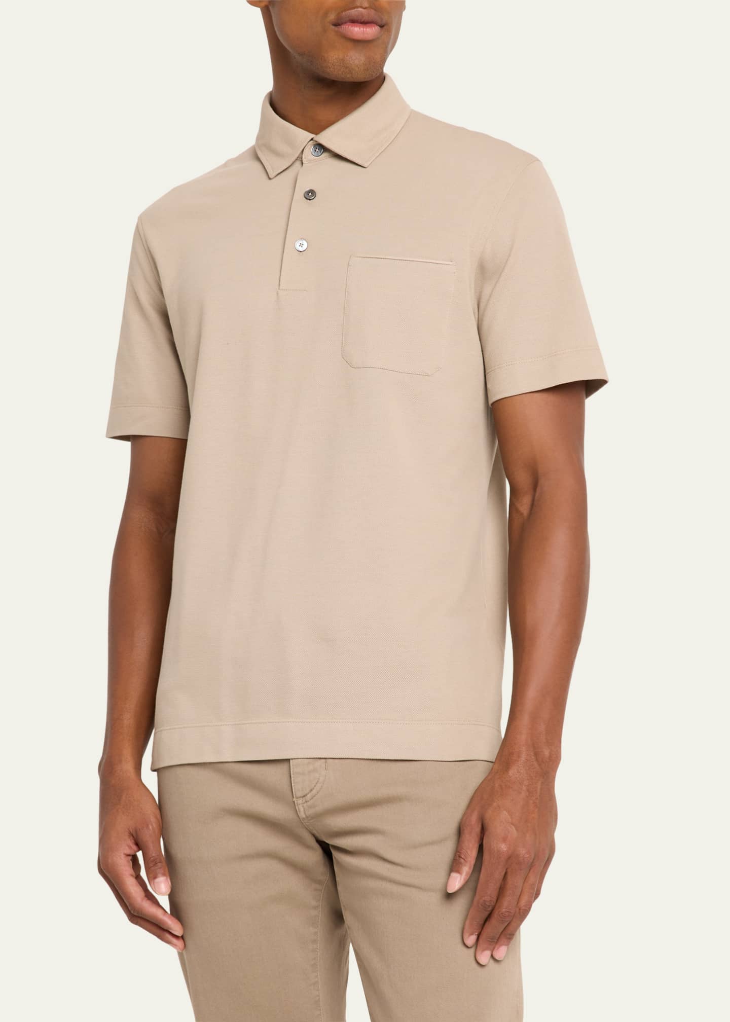 ZEGNA Men's Pique Polo Shirt with Leather-Trim Pocket Image 4 of 5