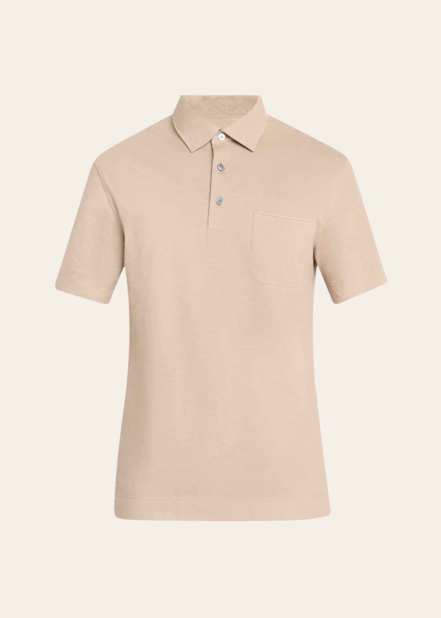 ZEGNA Men's Pique Polo Shirt with Leather-Trim Pocket Image 1 of 5