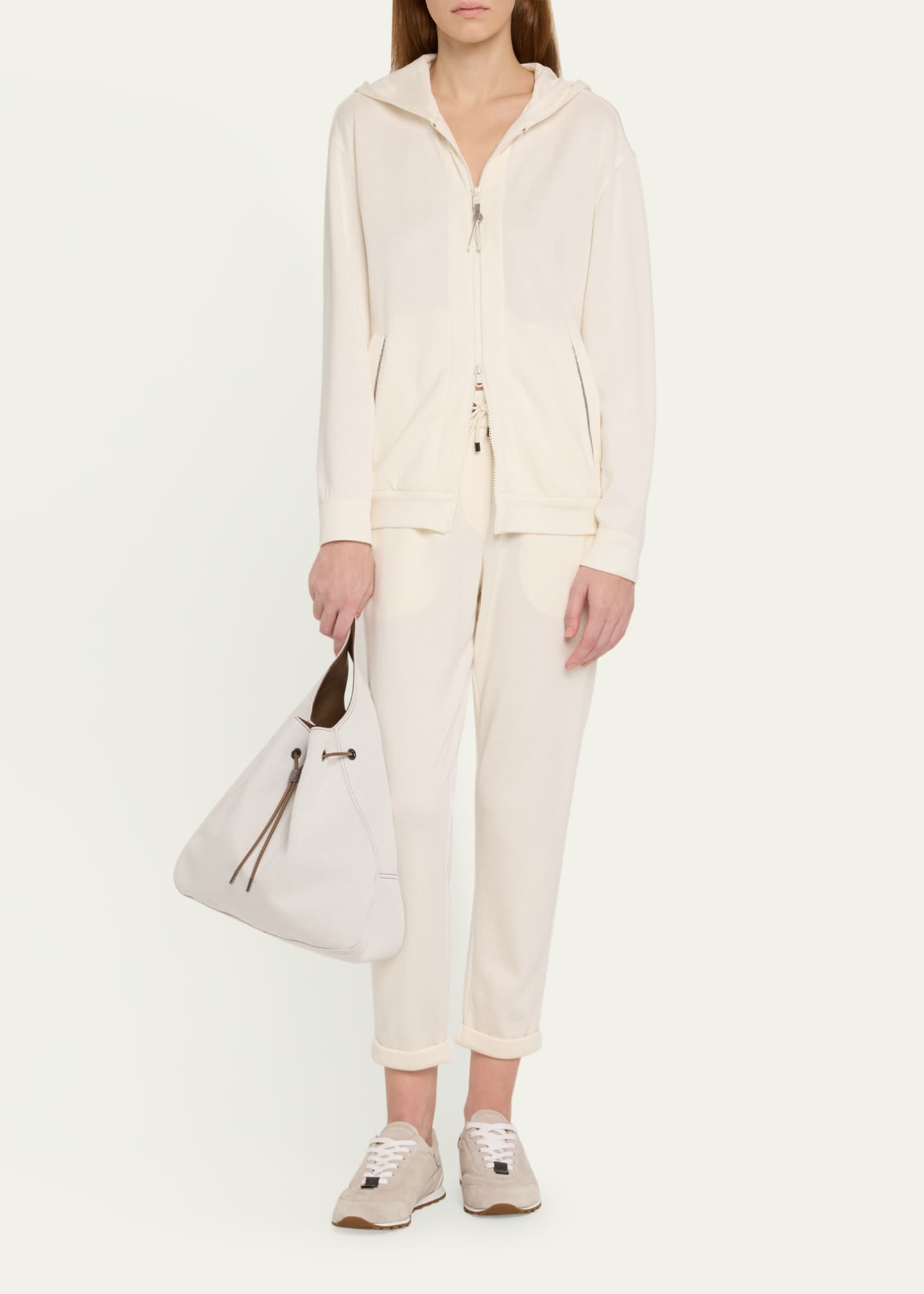 Brunello Cucinelli Hooded Monili-Trim Spa Cotton Silk Felpa Jacket Image 2 of 5