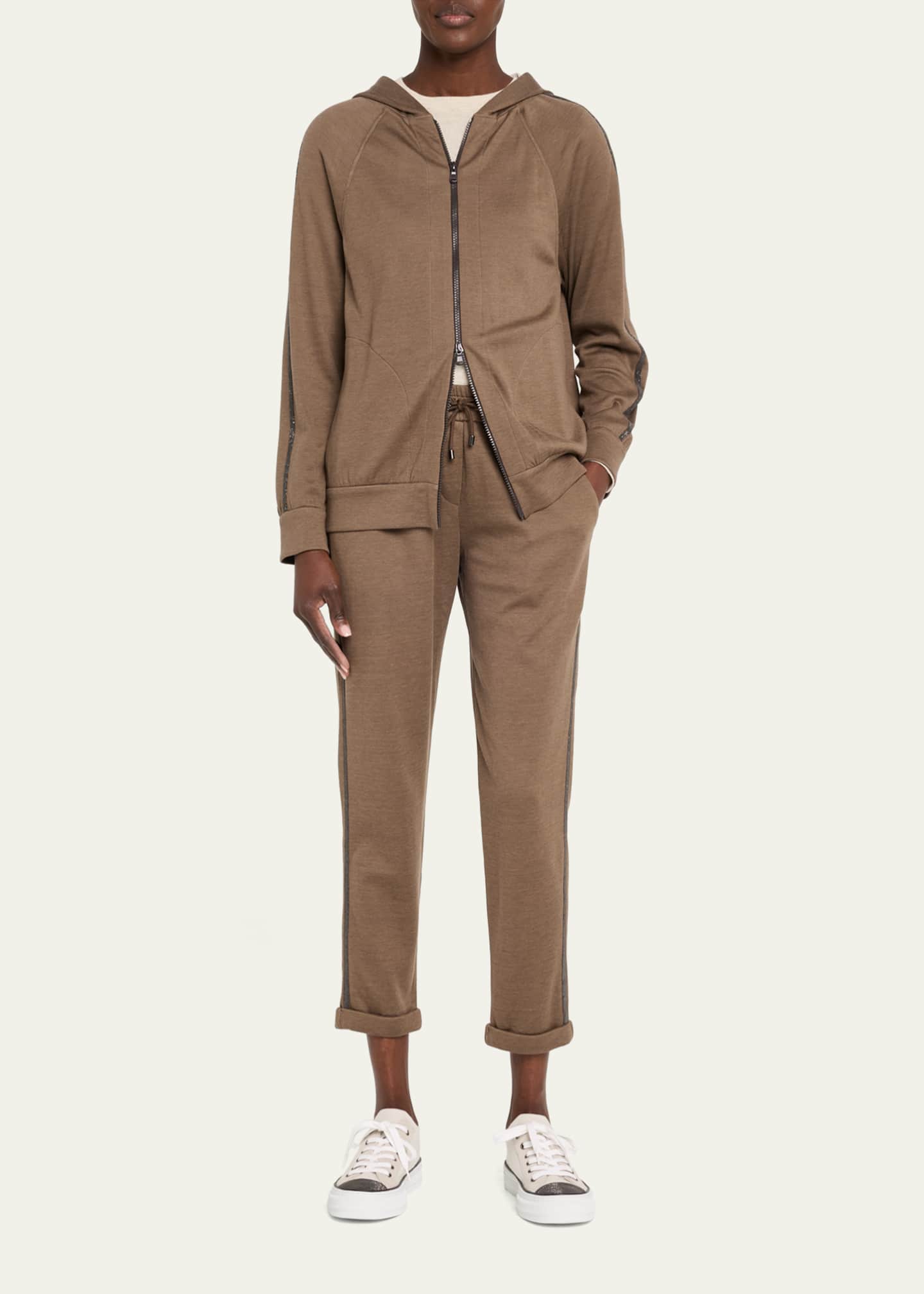 Brunello Cucinelli Drawstring Monili-Trim Spa Cotton Silk Joggers Image 2 of 5