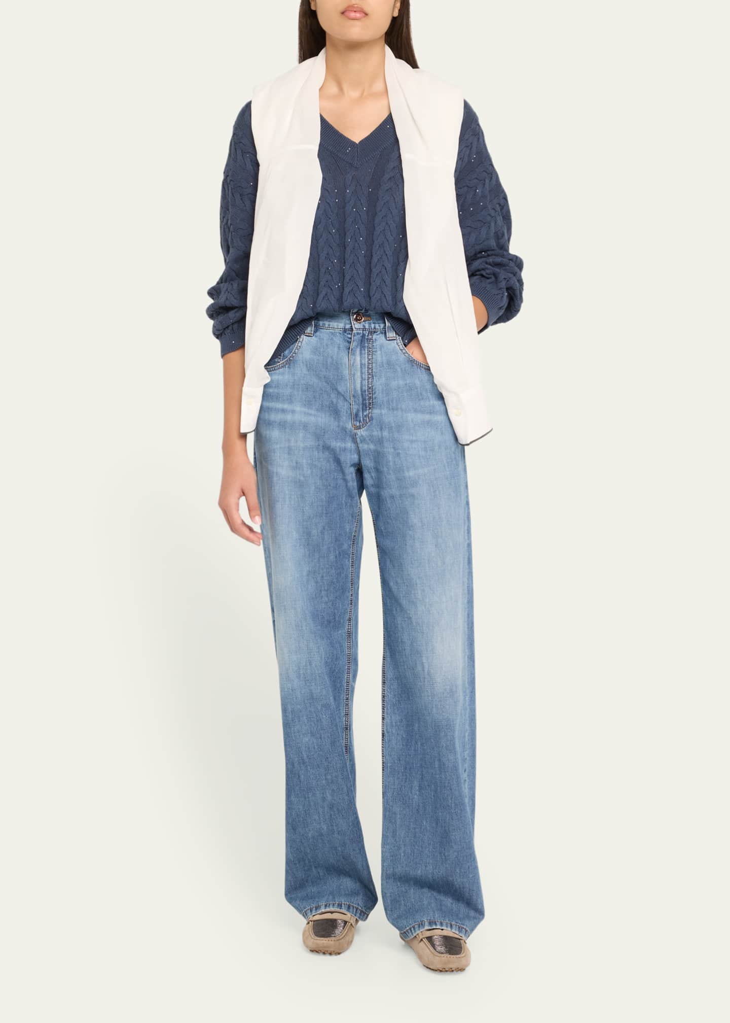 Brunello Cucinelli Cotton Double Cable-Knit V-Neck Sweater