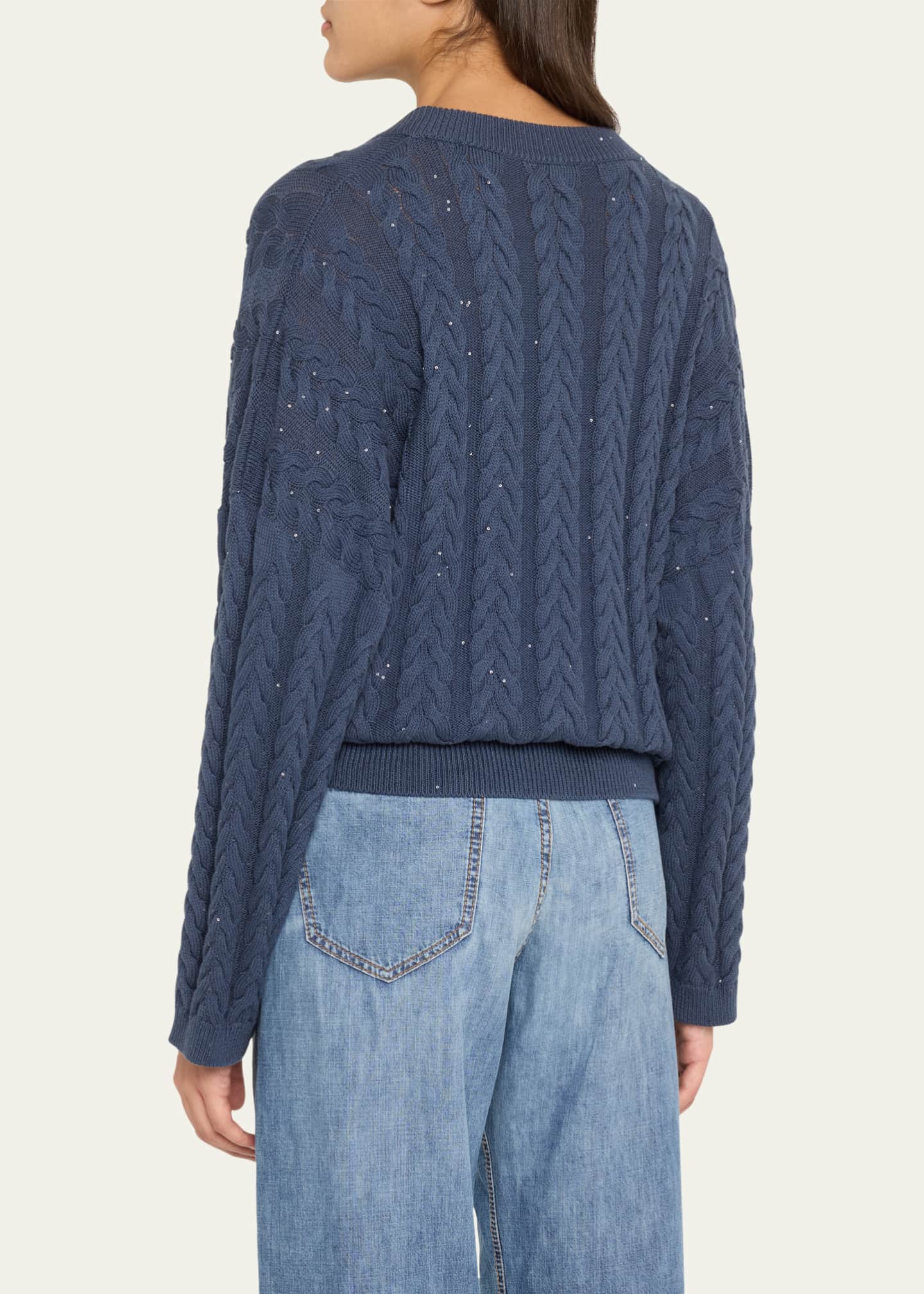 Brunello Cucinelli Cotton Double Cable-Knit V-Neck Sweater