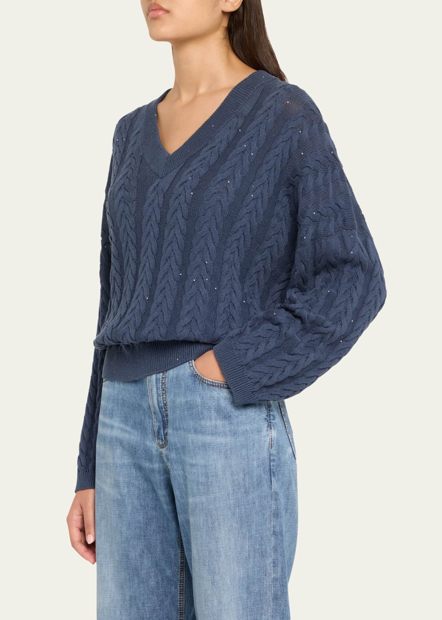 Brunello Cucinelli Cotton Double Cable-Knit V-Neck Sweater With Micro Pailettes Image 4 of 5