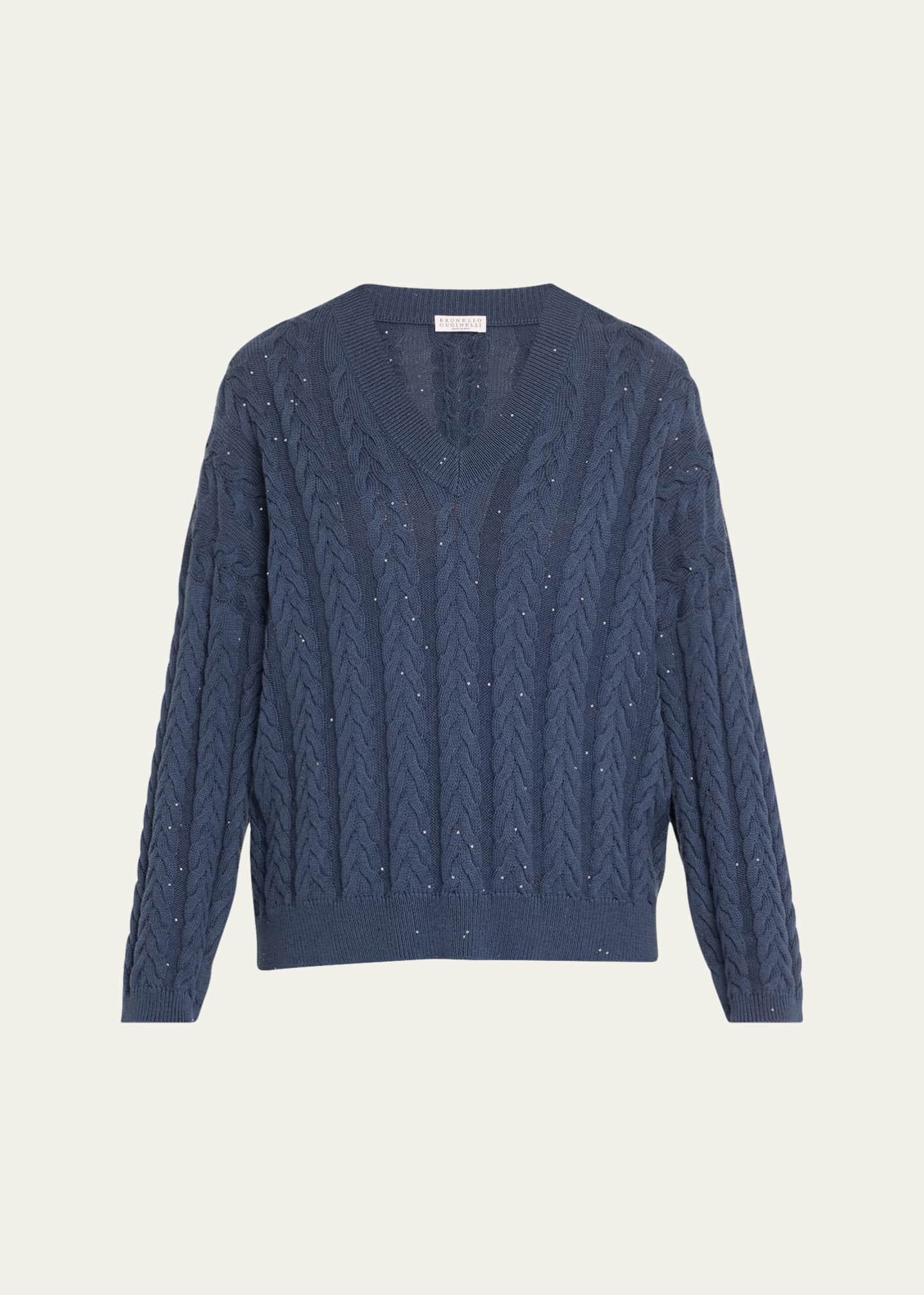 Brunello Cucinelli Cotton Double Cable-Knit V-Neck Sweater With Micro Pailettes Image 1 of 5