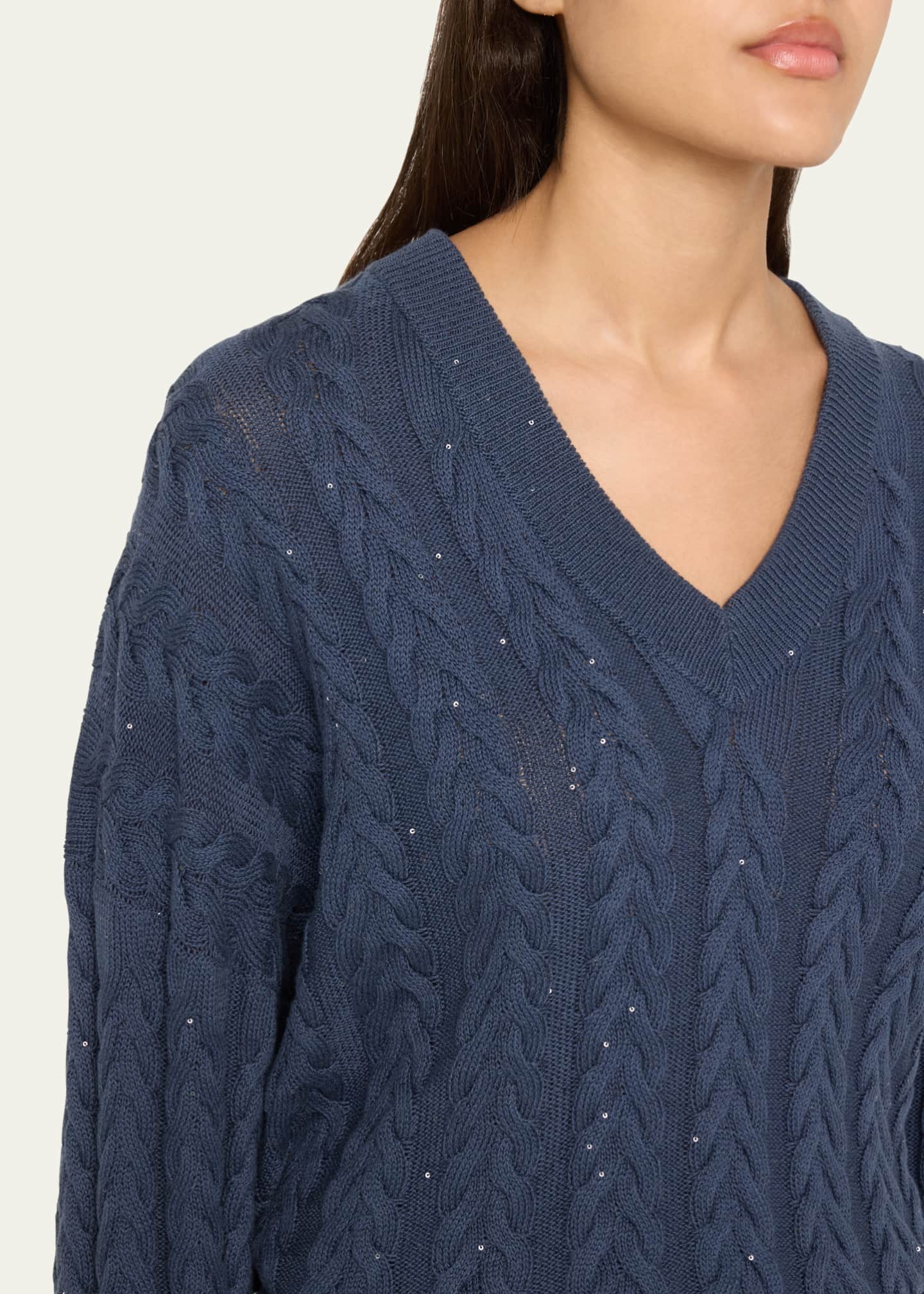 Brunello Cucinelli Cotton Double Cable-Knit V-Neck Sweater With Micro Pailettes Image 5 of 5