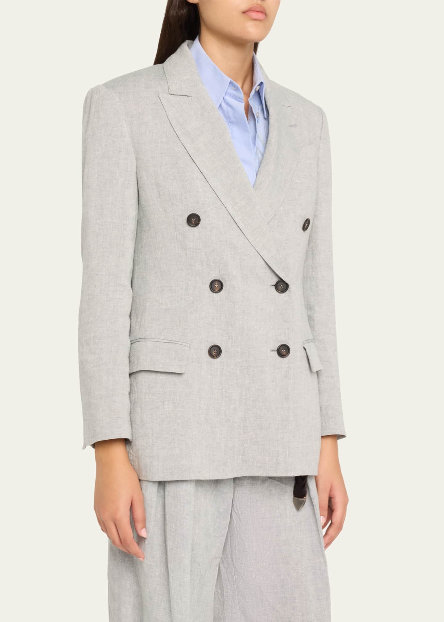 Brunello Cucinelli Metallic Cotton-Linen Canvas Double-Breasted Blazer Image 4 of 5