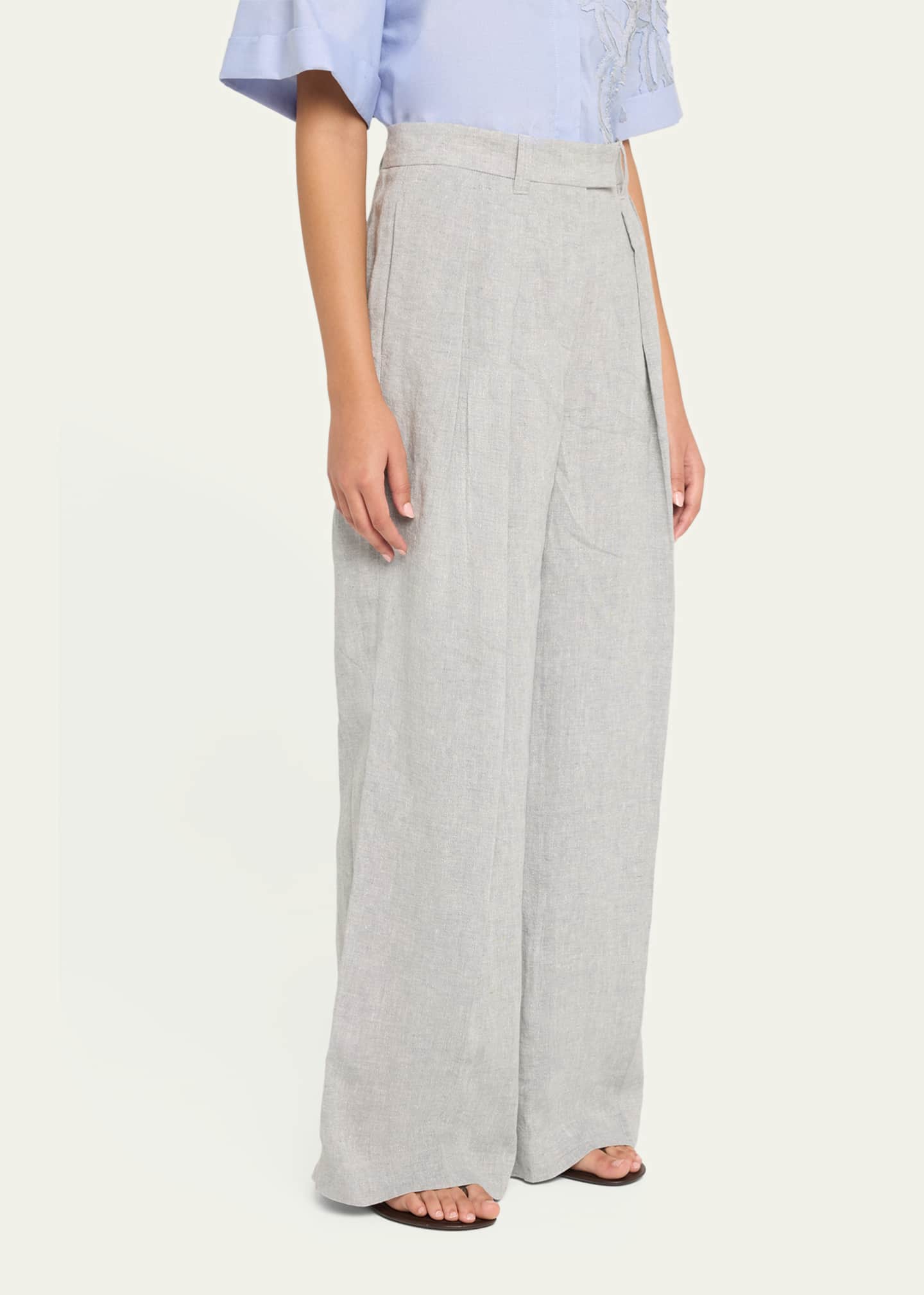 Brunello Cucinelli Sparkling Linen Canvas Pleated Wide-Leg Trousers Image 4 of 5