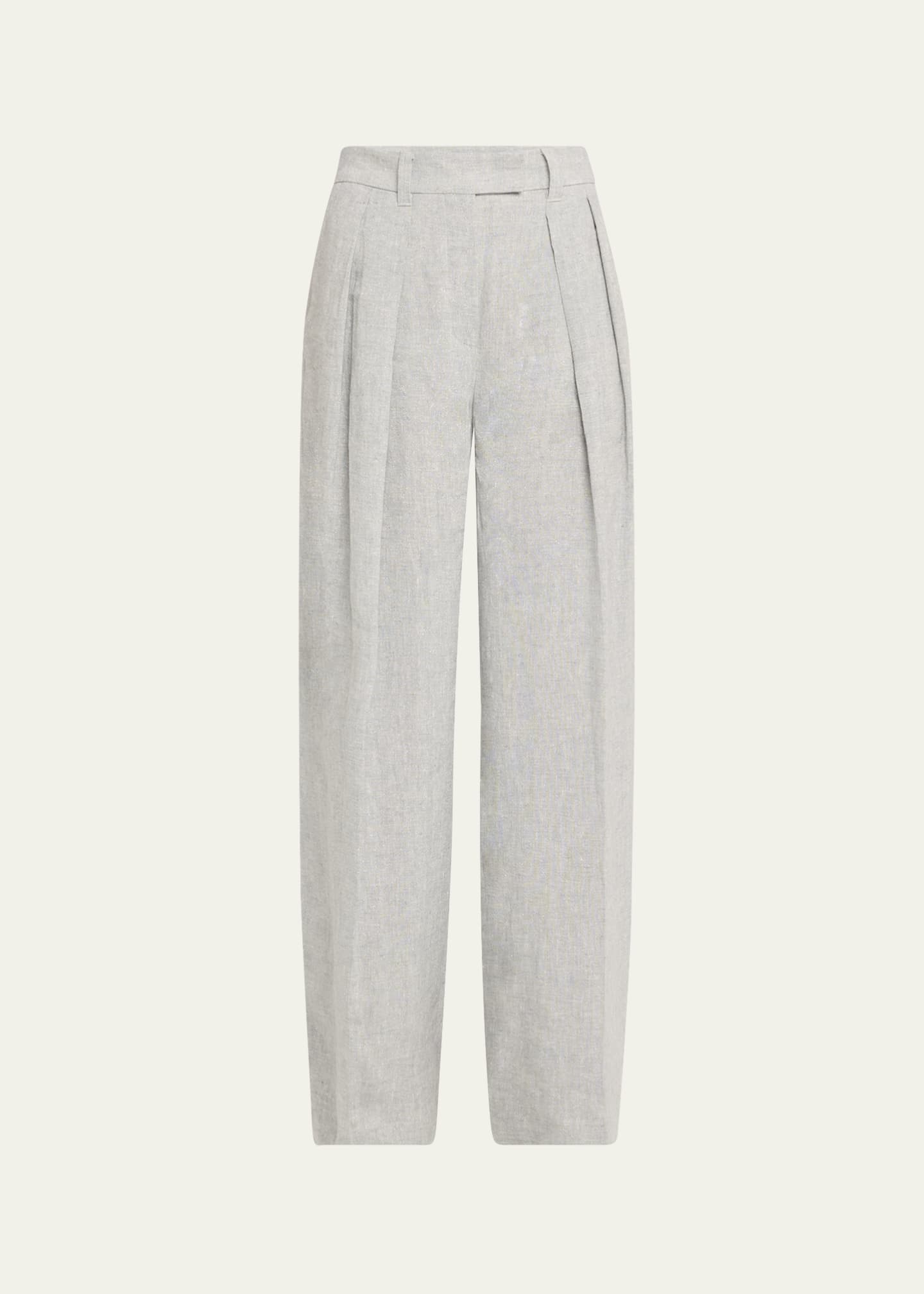 Brunello Cucinelli Sparkling Linen Canvas Pleated Wide-Leg Trousers Image 1 of 5