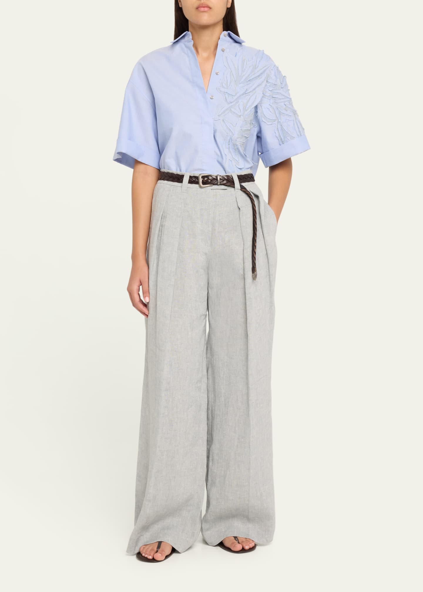 Brunello Cucinelli Sparkling Linen Canvas Pleated Wide-Leg Trousers Image 2 of 5