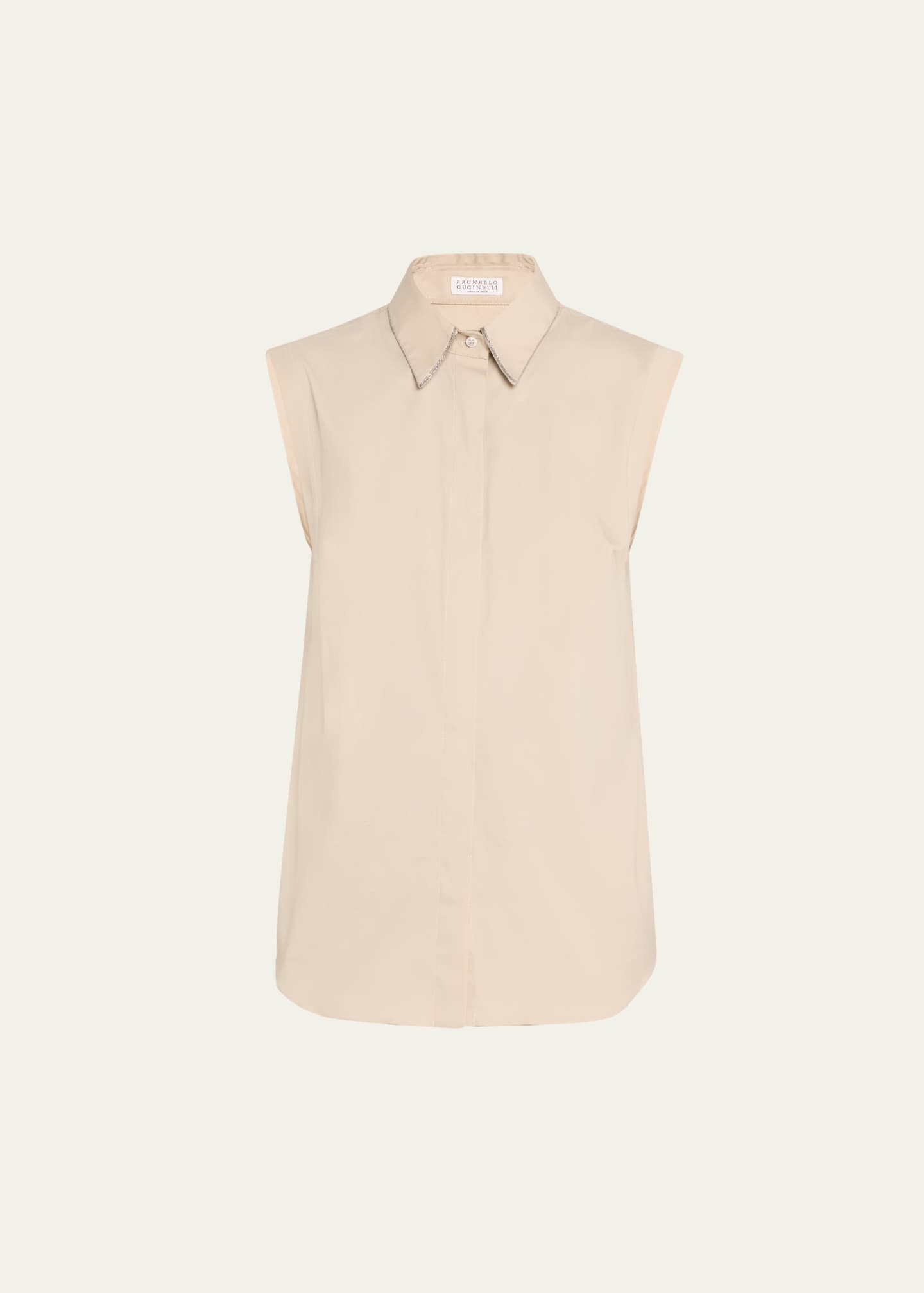 Brunello Cucinelli Monili Collar Sleeveless Cotton Poplin Top Image 1 of 5