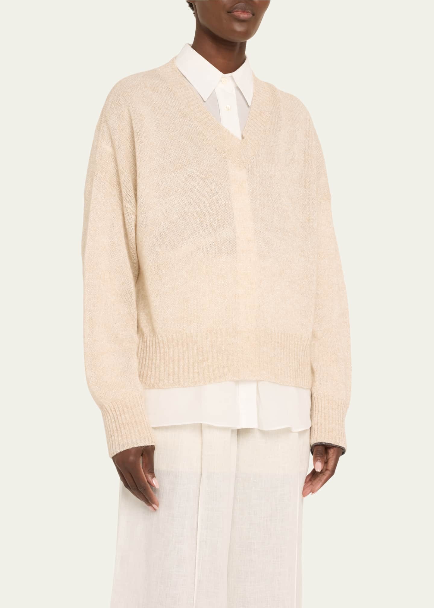 Brunello Cucinelli Micro Paillettes V-Neck Mohair Knit Sweater Image 4 of 5