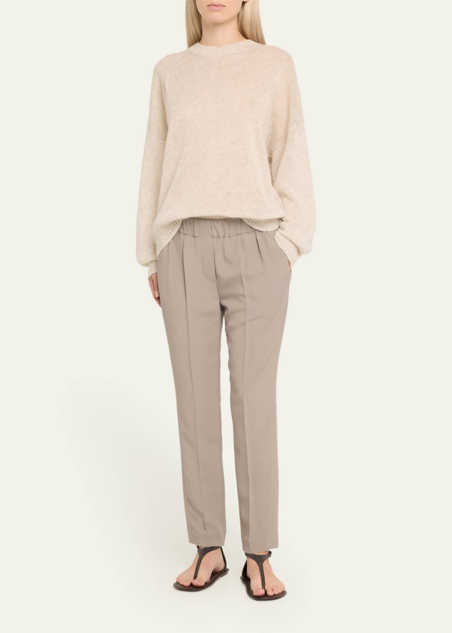 Brunello Cucinelli Straight-Leg Ankle Silk Pull-On Pants Image 2 of 5