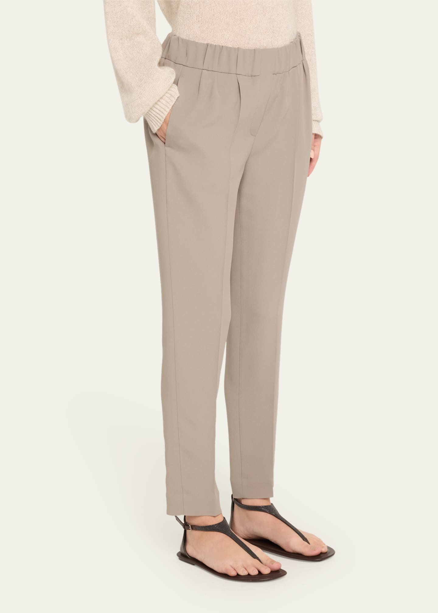 Brunello Cucinelli Straight-Leg Ankle Silk Pull-On Pants Image 4 of 5