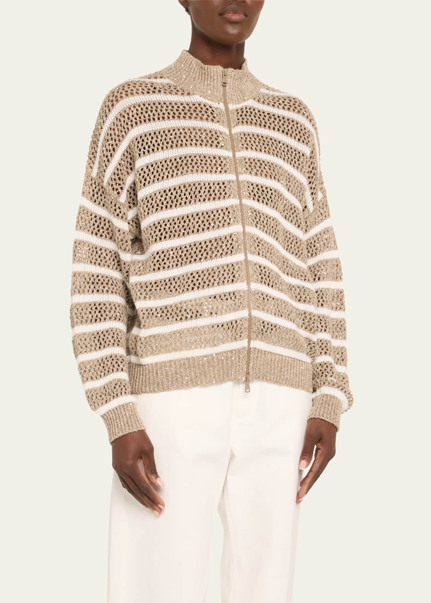 Brunello Cucinelli Linen French Riveria Paillette Knit Zip-Up Cardigan Image 4 of 5