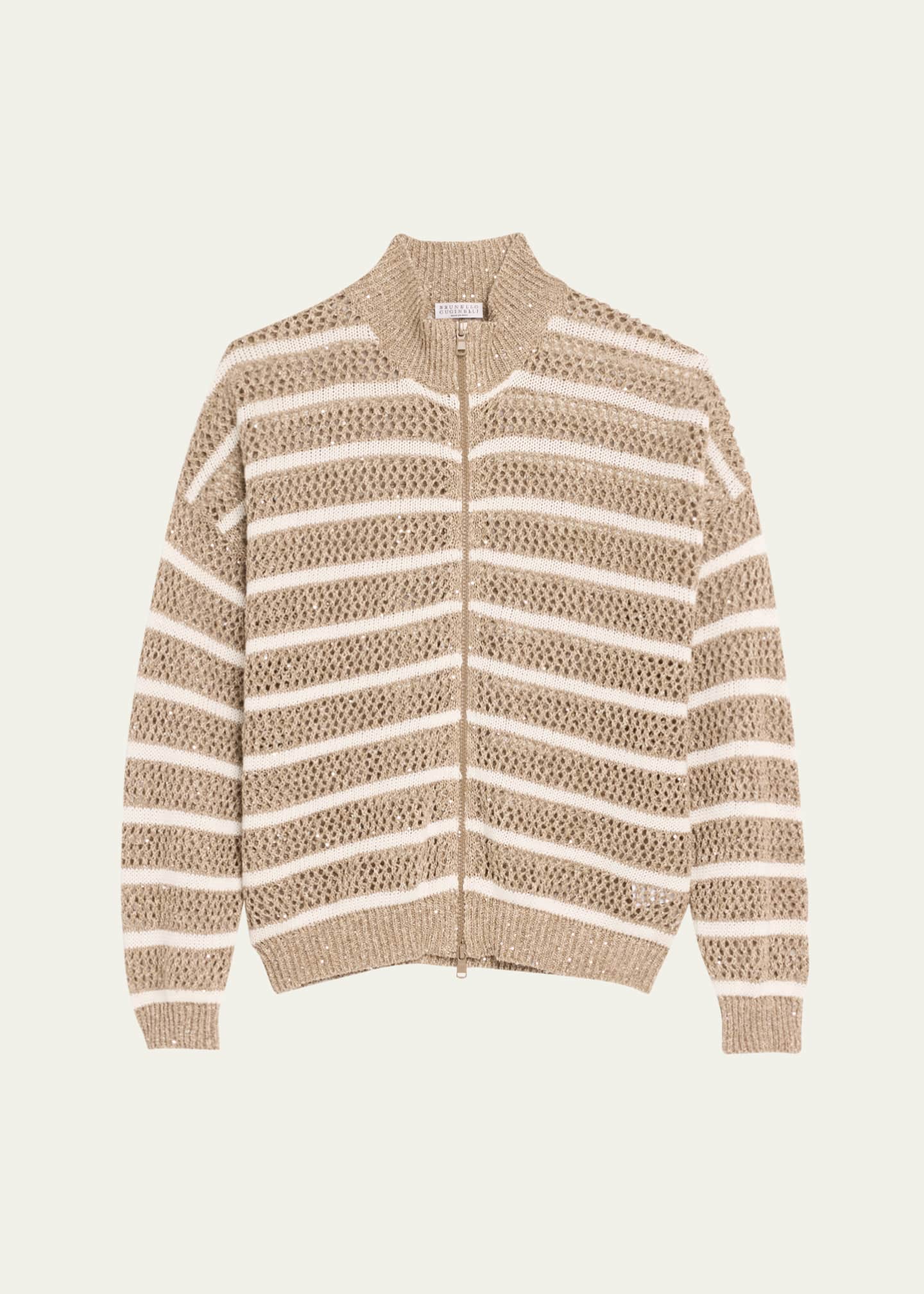 Brunello Cucinelli Linen French Riveria Paillette Knit Zip-Up Cardigan Image 1 of 5