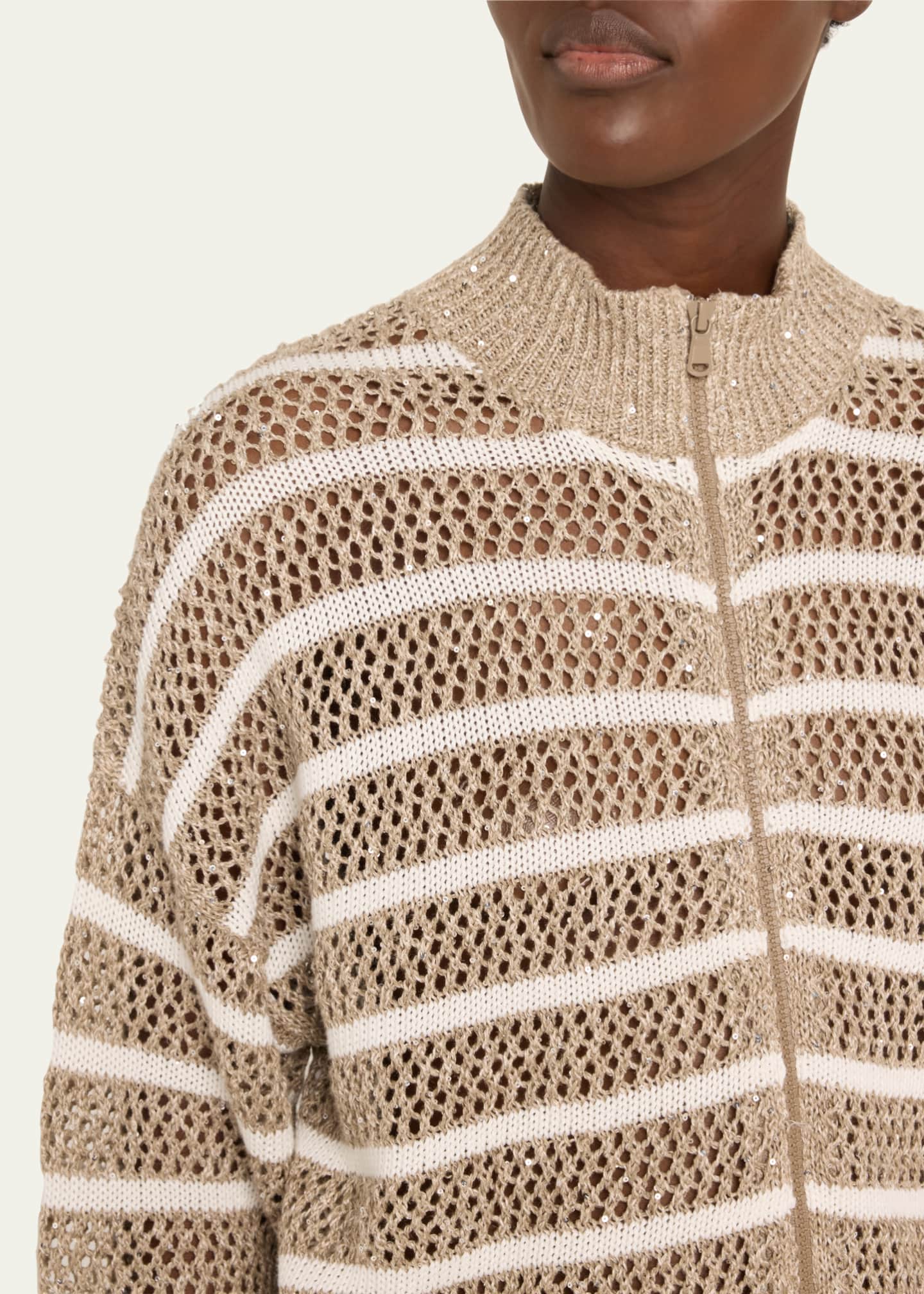 Brunello Cucinelli Linen French Riveria Paillette Knit Zip-Up Cardigan Image 5 of 5