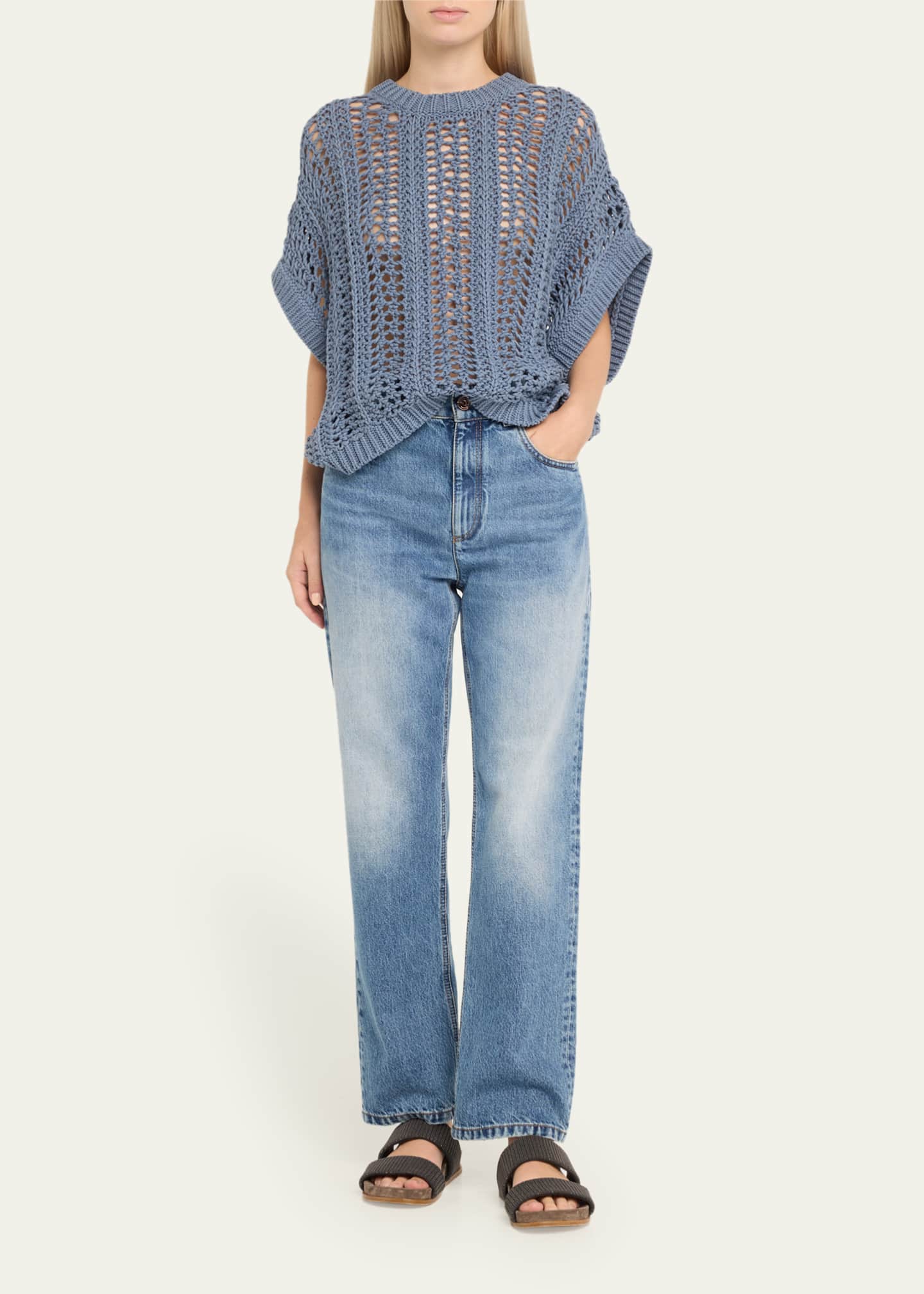 Brunello Cucinelli Short-Sleeve Cotton Springtime Net Knit Sweater Image 2 of 5