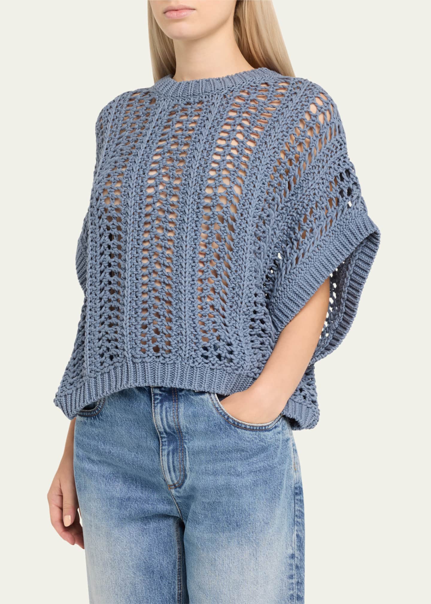 Brunello Cucinelli Short-Sleeve Cotton Springtime Net Knit Sweater Image 4 of 5