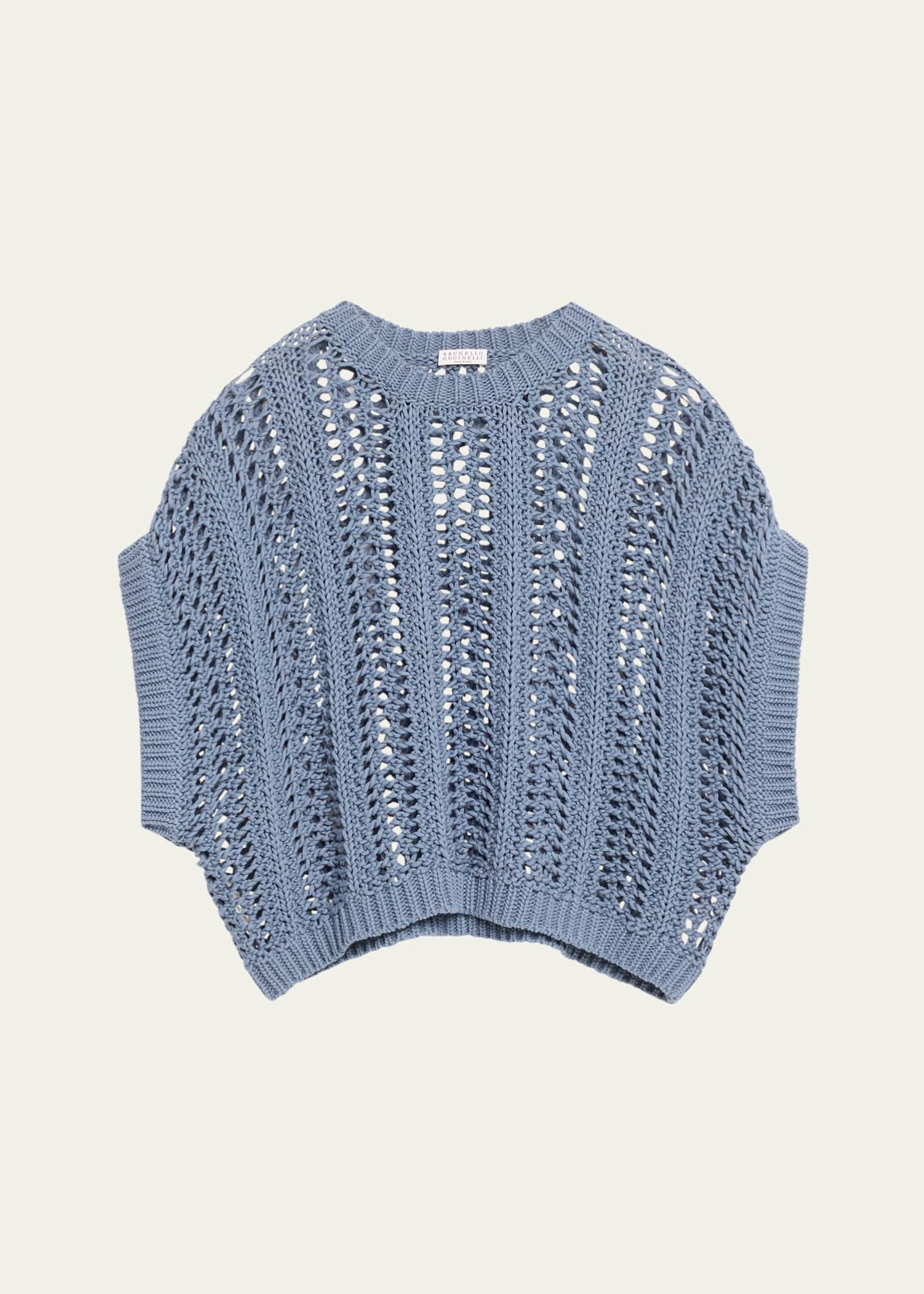 Brunello Cucinelli Short-Sleeve Cotton Springtime Net Knit Sweater Image 1 of 5
