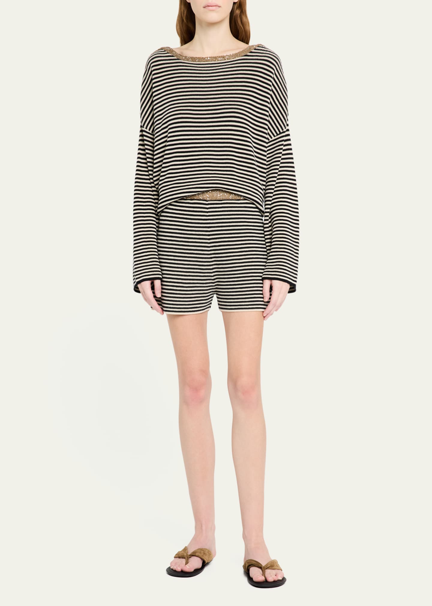 Brunello Cucinelli Sequined-Trim Cotton Capri Stripe Sweater Image 2 of 5