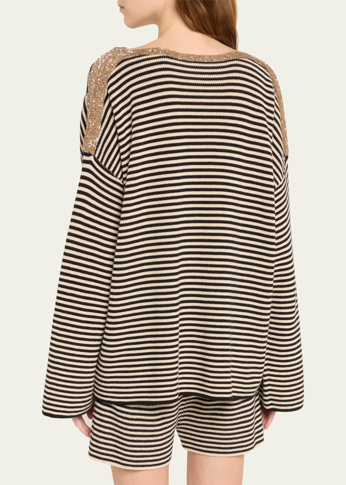 Brunello Cucinelli Sequined-Trim Cotton Capri Stripe Sweater Image 3 of 5