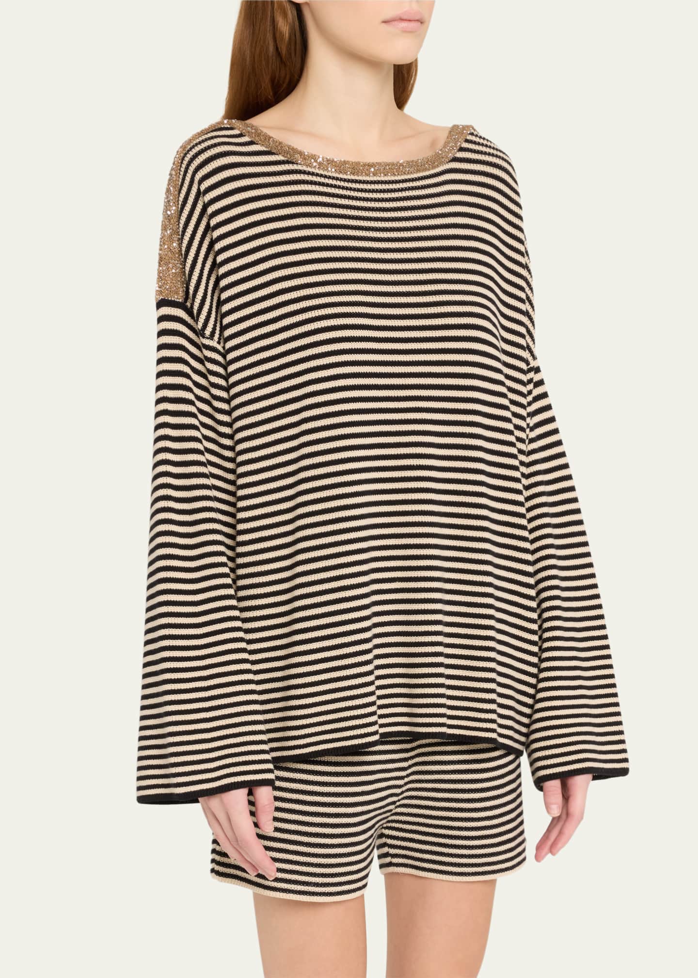 Brunello Cucinelli Sequined-Trim Cotton Capri Stripe Sweater Image 4 of 5
