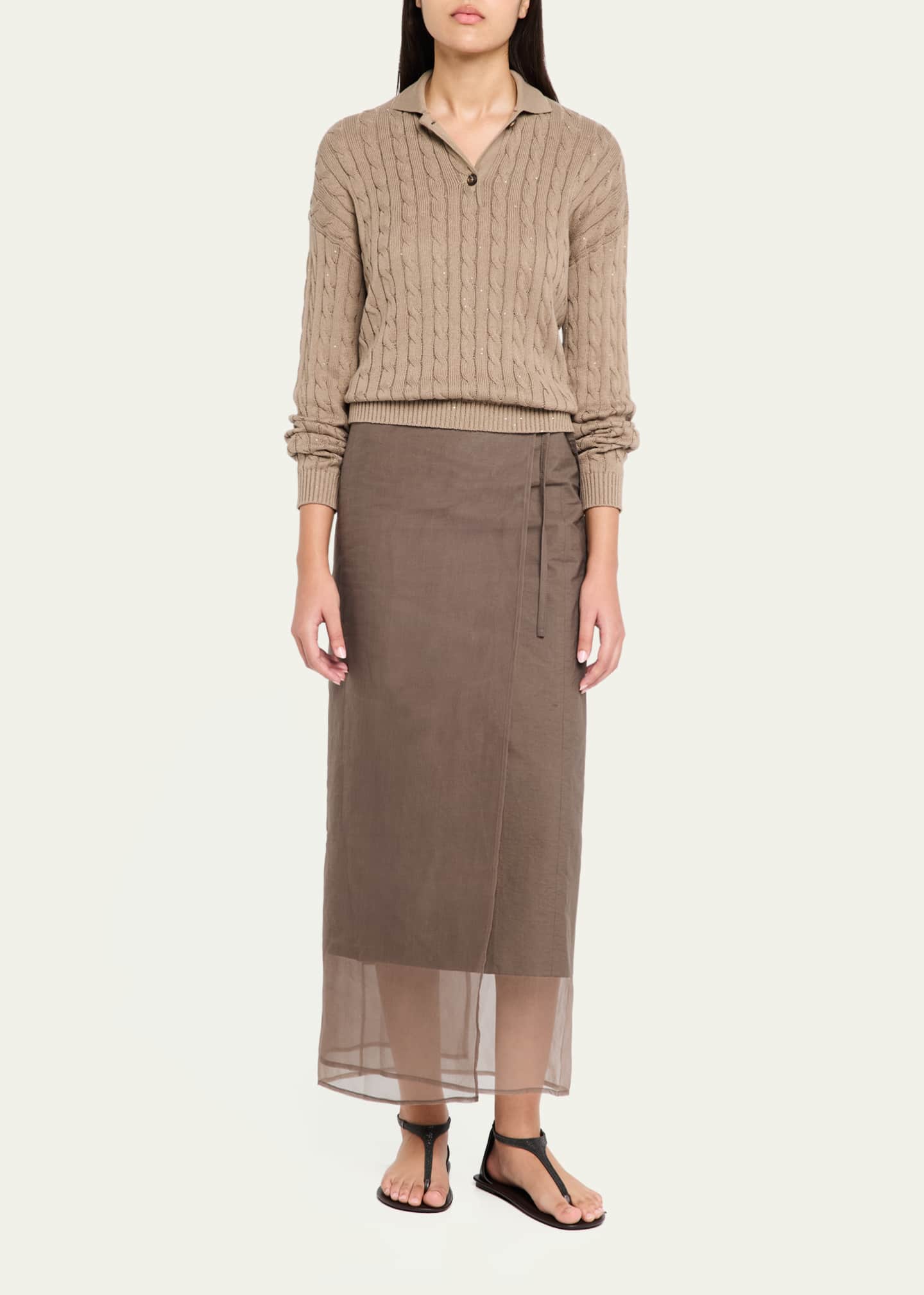 Brunello Cucinelli Micro Sequined Double Cable-Knit Polo Sweater Image 2 of 5