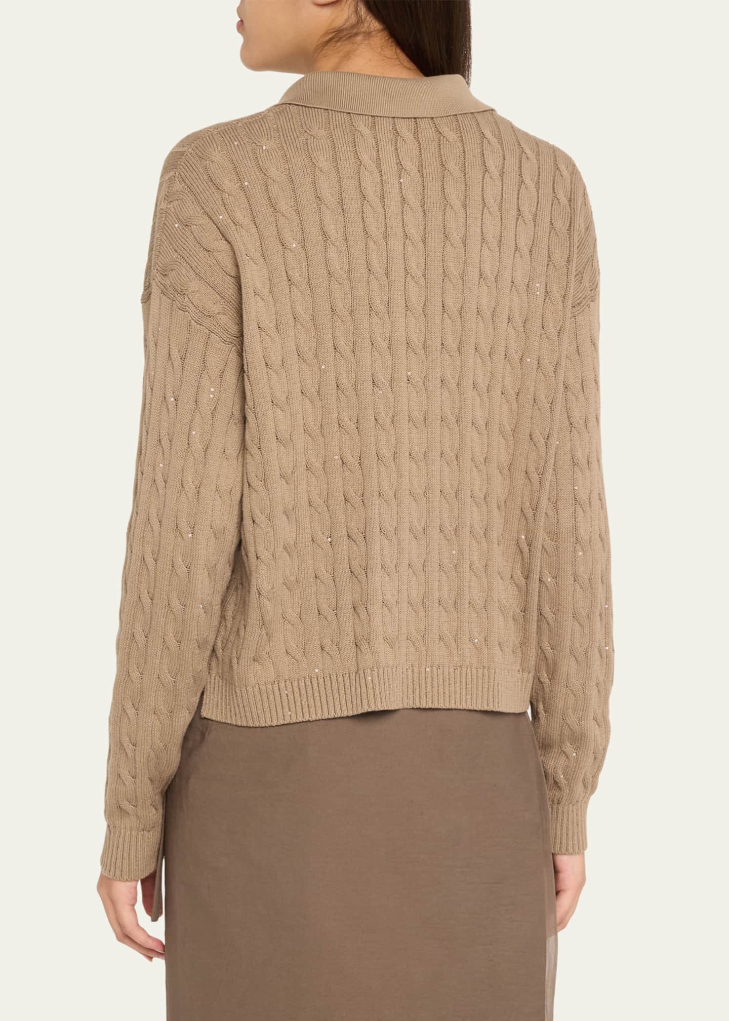 Brunello Cucinelli Micro Sequined Double Cable-Knit Polo Sweater Image 3 of 5