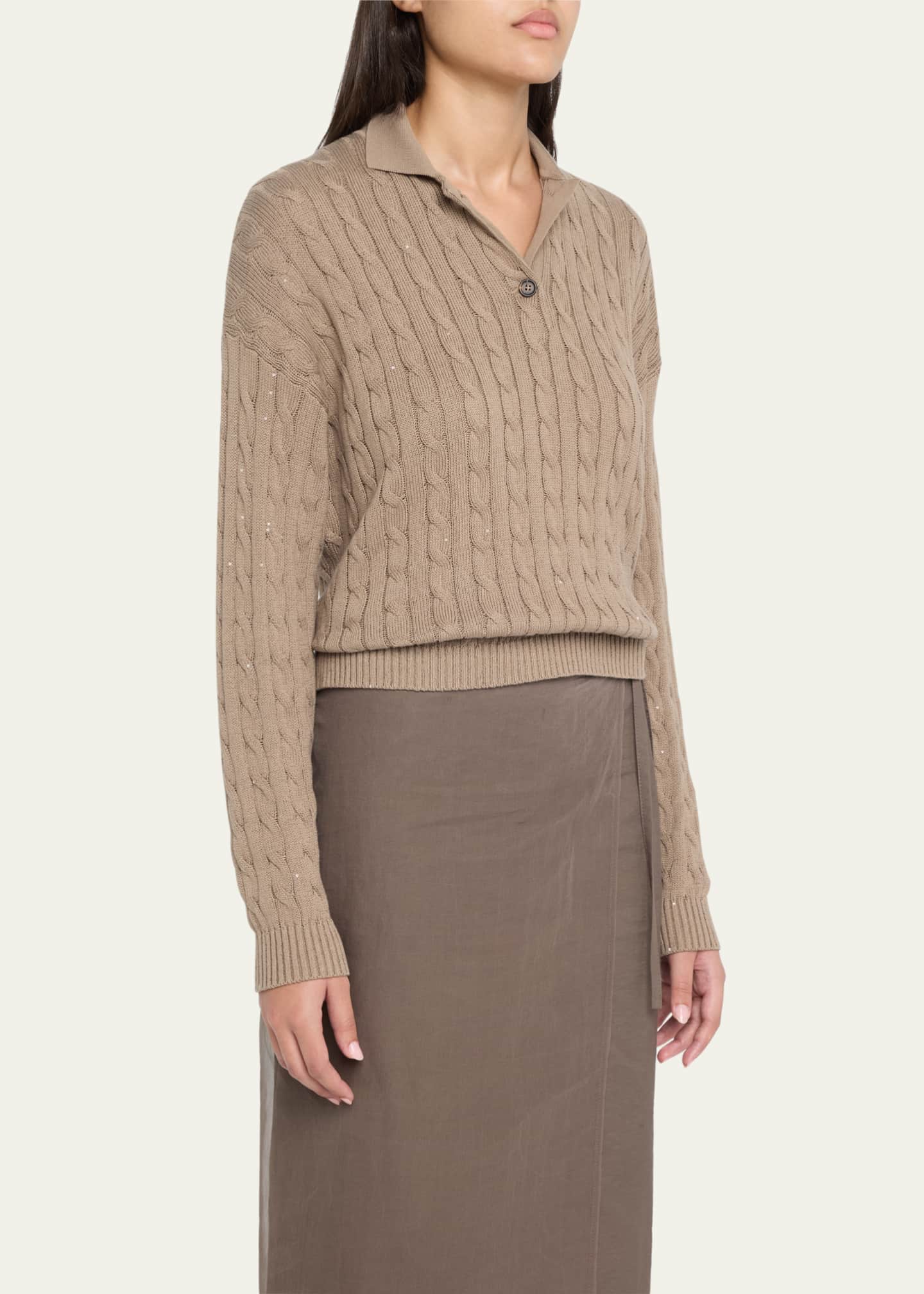 Brunello Cucinelli Micro Sequined Double Cable-Knit Polo Sweater Image 4 of 5