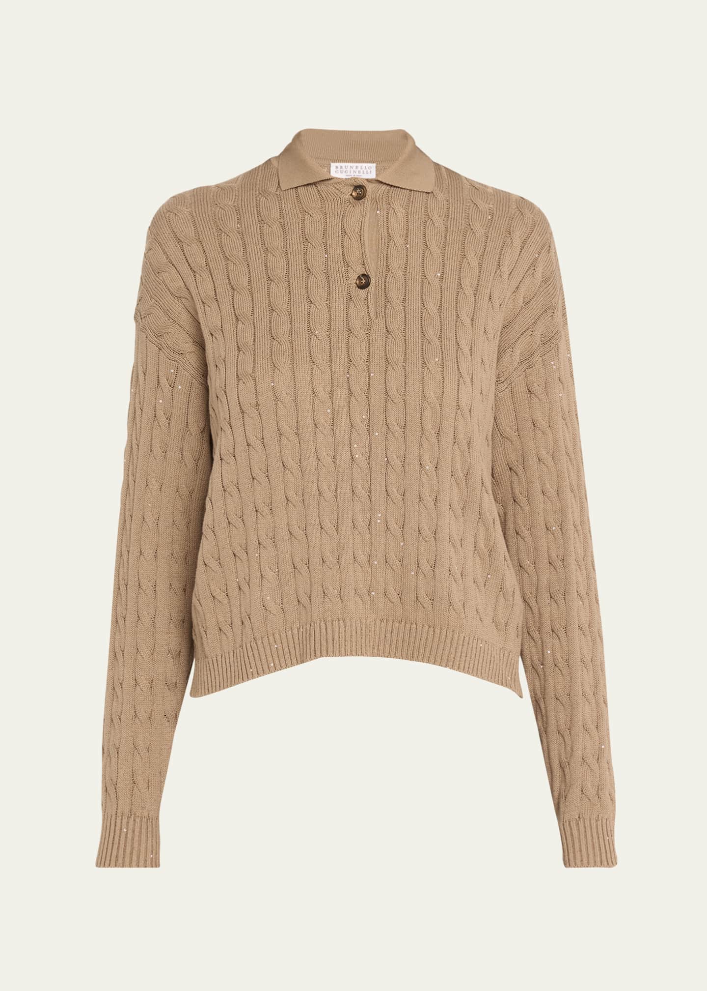 Brunello Cucinelli Micro Sequined Double Cable-Knit Polo Sweater Image 1 of 5