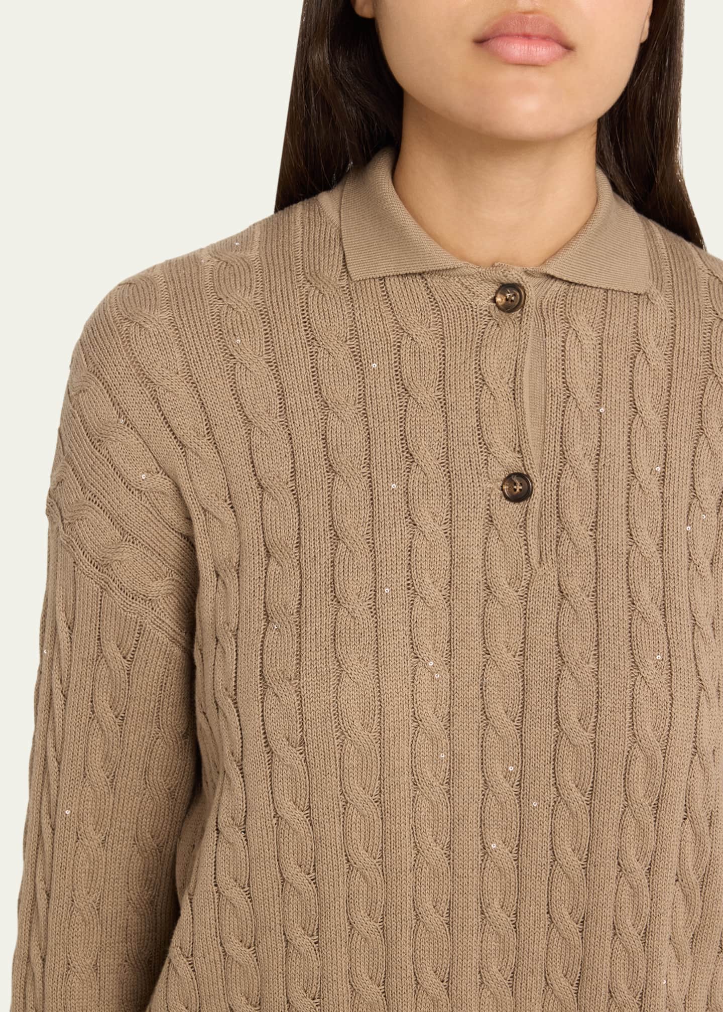 Brunello Cucinelli Micro Sequined Double Cable-Knit Polo Sweater Image 5 of 5