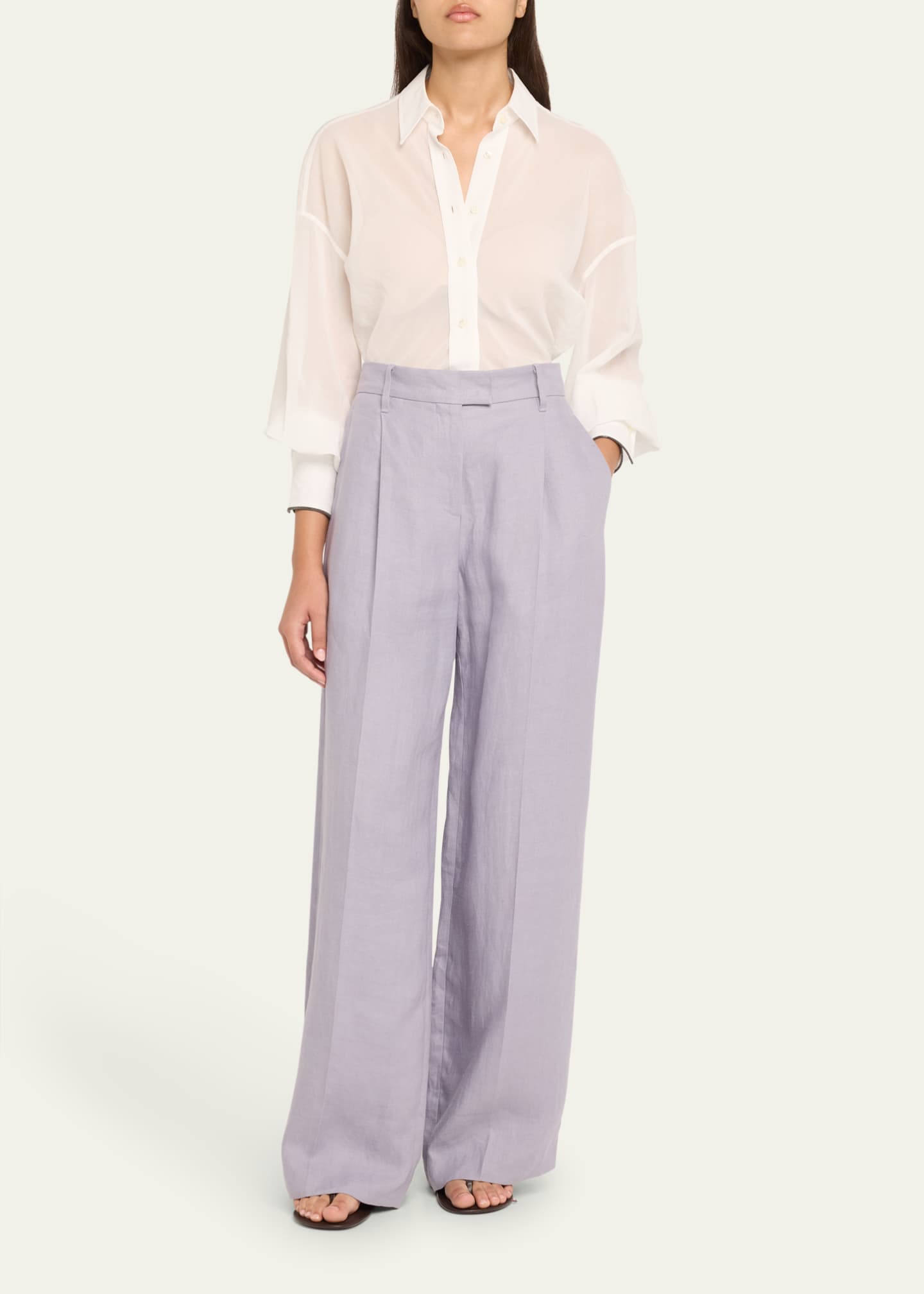 Brunello Cucinelli Pleated Wide Leg Hemp Linen Gabardine Trousers Image 2 of 5