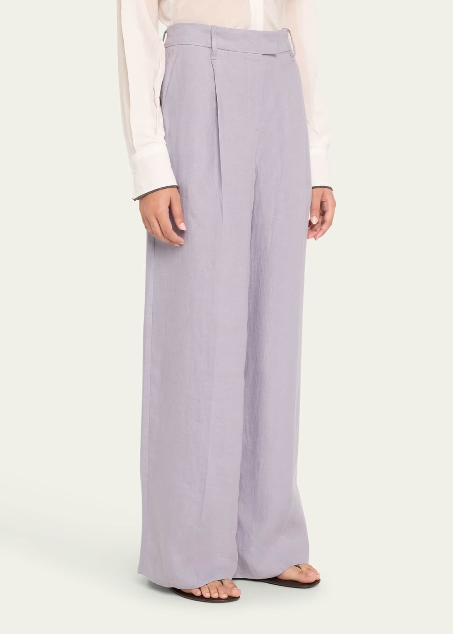 Brunello Cucinelli Pleated Wide Leg Hemp Linen Gabardine Trousers Image 4 of 5