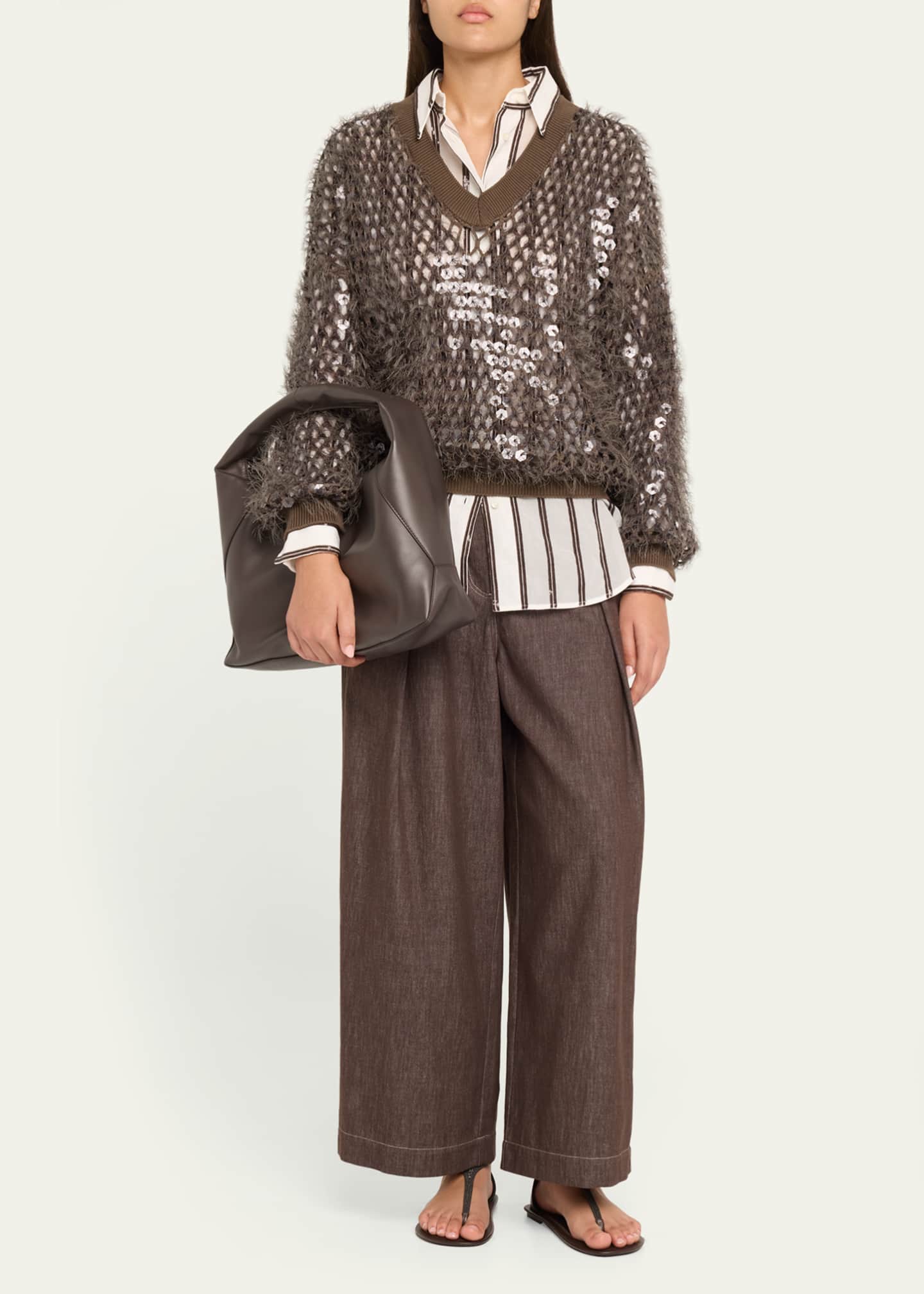 Brunello Cucinelli Fringe Mosaic Yarn Net Embroidered V-Neck Sweater Image 2 of 5