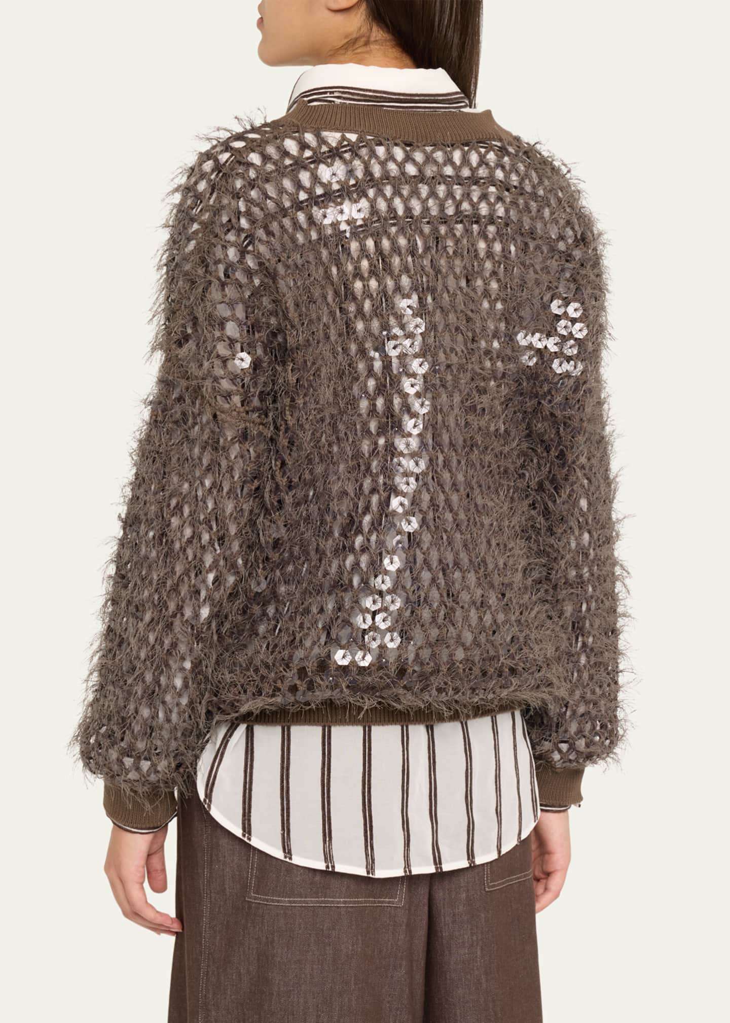 Brunello Cucinelli Fringe Mosaic Yarn Net Embroidered V-Neck Sweater Image 3 of 5
