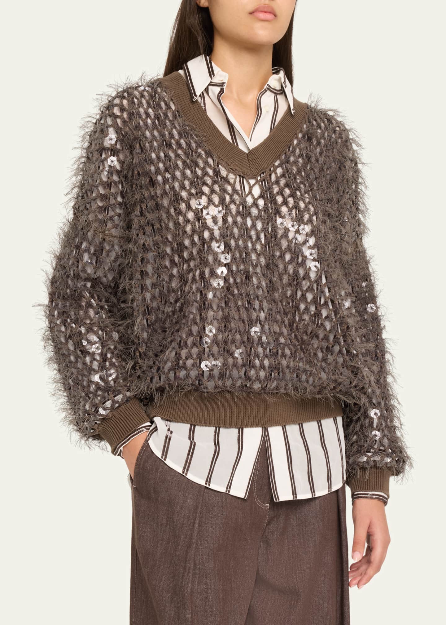 Brunello Cucinelli Fringe Mosaic Yarn Net Embroidered V-Neck Sweater Image 4 of 5