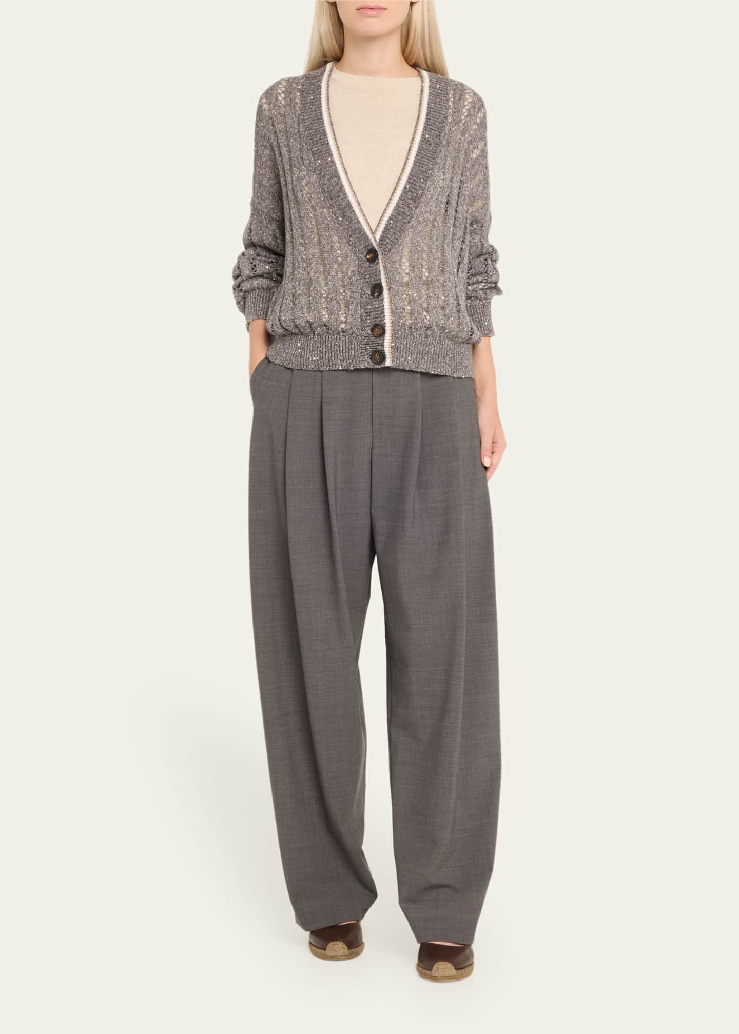 Brunello Cucinelli Micro Sequined Linen French Riveria Cardigan Image 2 of 5