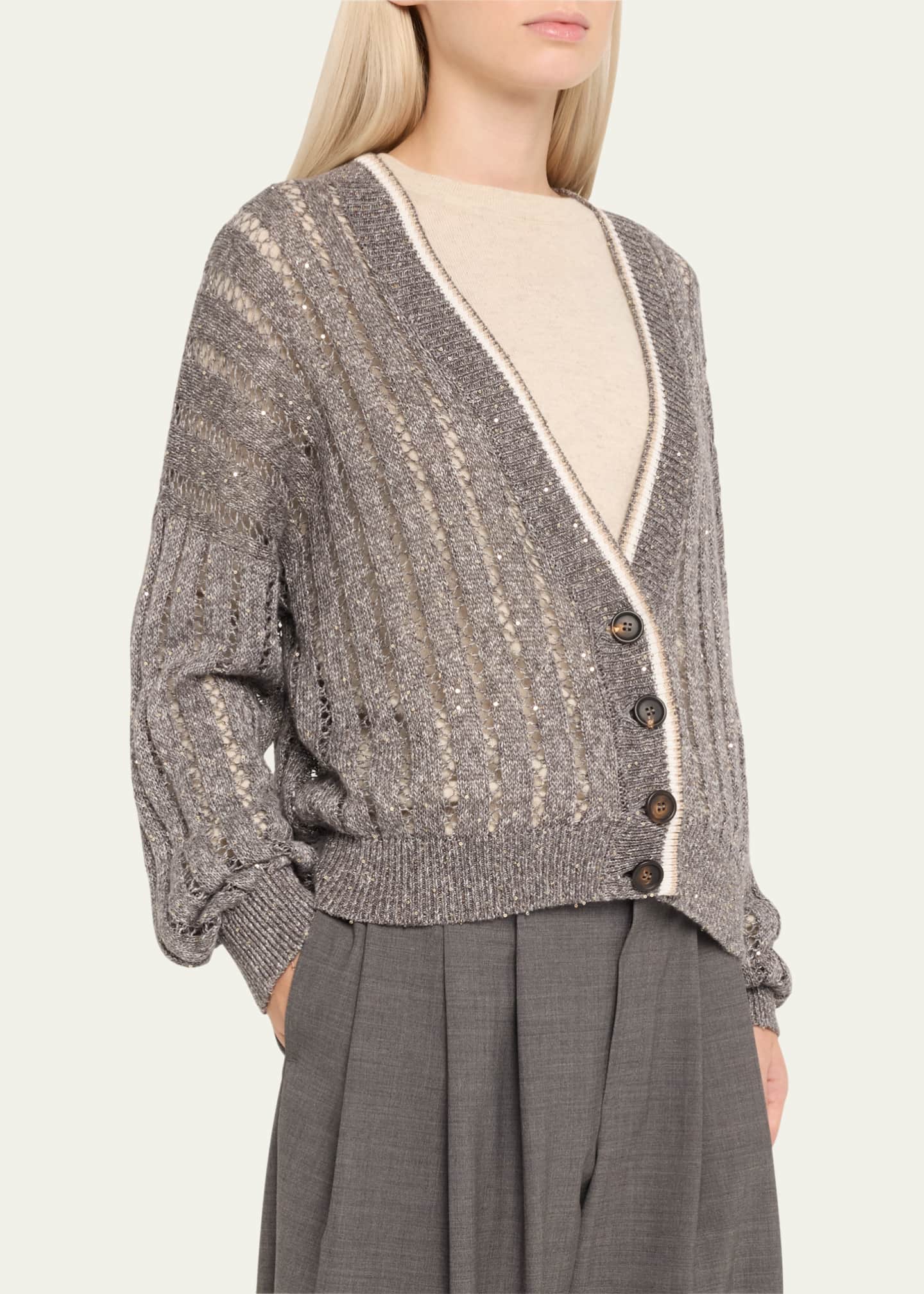 Brunello Cucinelli Micro Sequined Linen French Riveria Cardigan Image 4 of 5