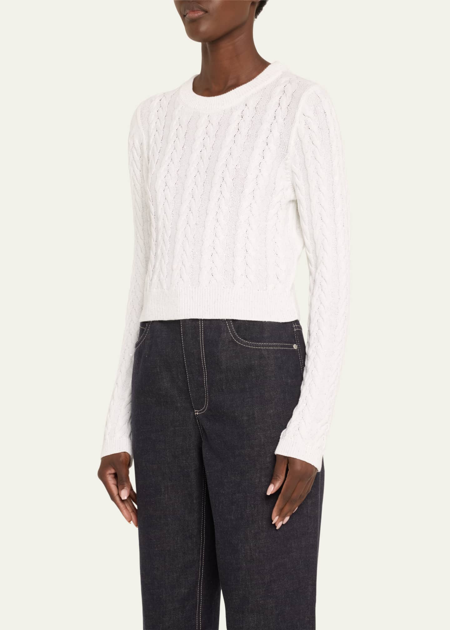 Brunello Cucinelli Micro Sequined Cotton Double Cable-Knit Sweater Image 4 of 5