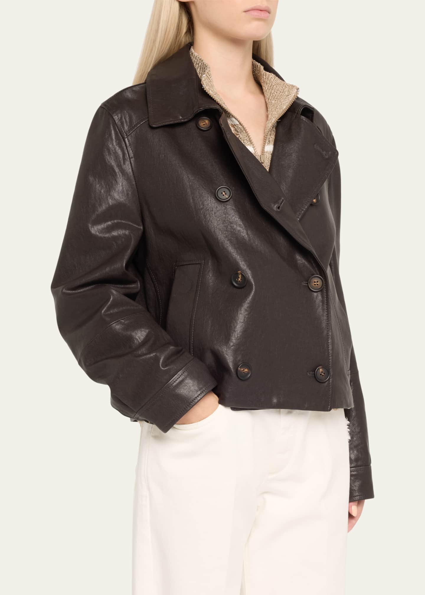 Brunello Cucinelli Shiny Leather Double-Breasted Jacket Image 4 of 5