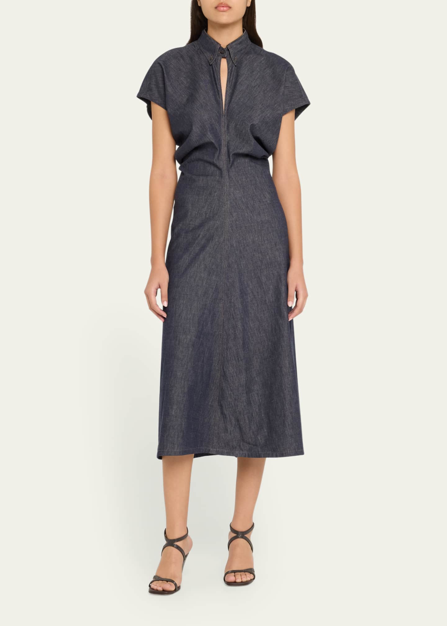 Brunello Cucinelli Monili Collar No Fade Midi Denim Dress Image 2 of 5